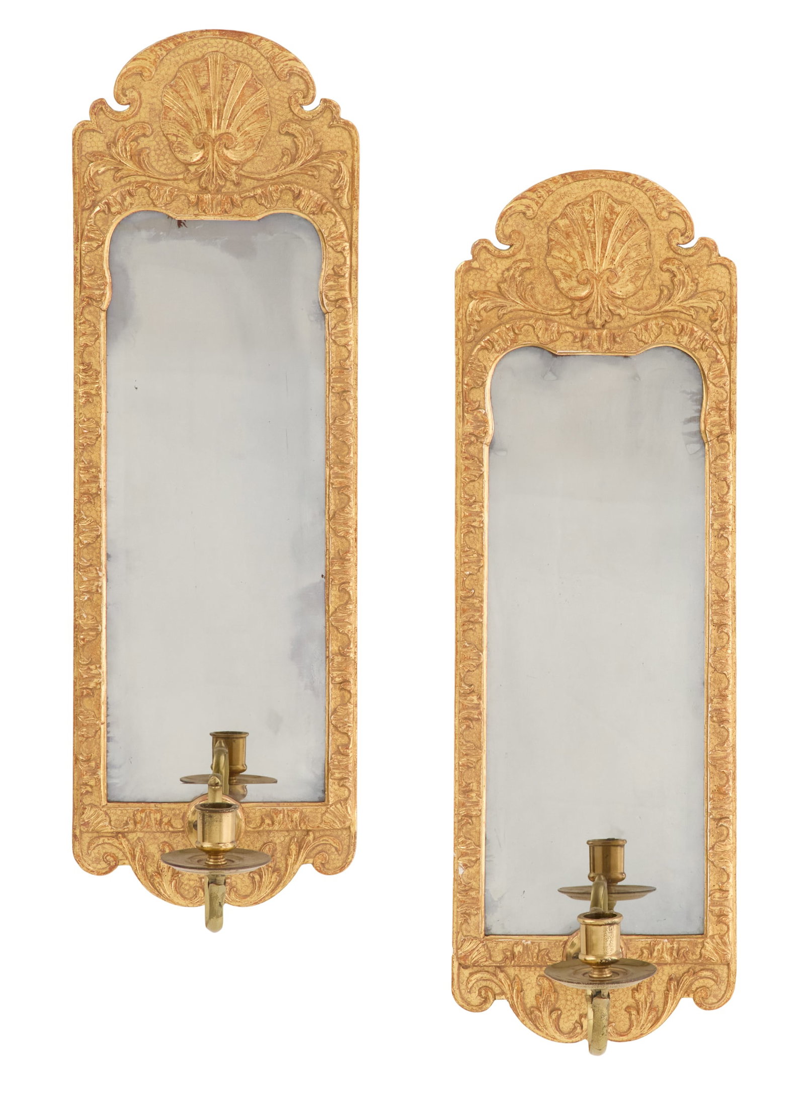 Pair of English Giltwood and Brass Girandoles: Pair of English Giltwood and Brass Girandoles ca. 1900, in the Queen Anne taste, the oblong backplates with shell-decorated and scroll-carved surrounds, set with beveled glass mirrors, the lower secti