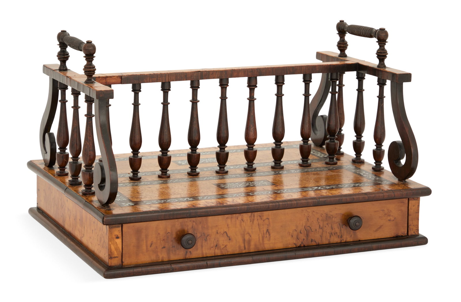 English Rosewood and Mother-of-Pearl Book Rack: English Burl, Rosewood and Mother-of-Pearl Book Rack mid-19th century, with turned balustrade-form book supports and handles, the ash burl base decorated with rosewood crossbanding set with mother-of-