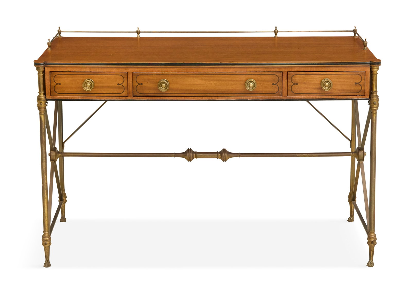 Bronze and Satinwood Writing Desk: Bronze and Satinwood Writing Desk in the Directoire Taste with a three-quarter brass gallery, the front fitted with three side-by-side drawers, raised on tubular bronze legs ending in paw feet, the en
