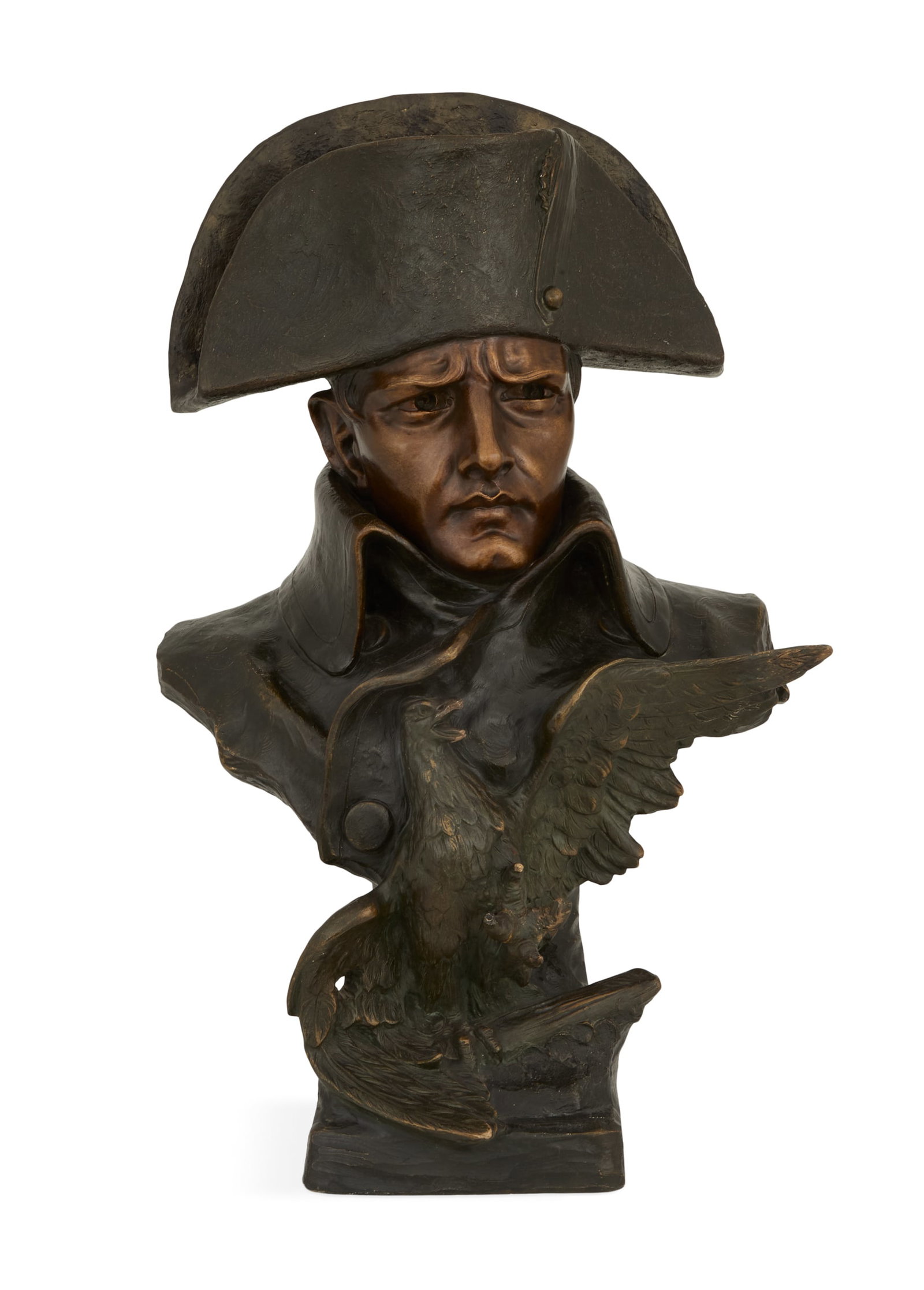 French Terracotta Bust of Napoleon: French Terracotta Bust of Napoleon ca. 1900, after Richard Aurili (Italian, 1834-1914), with cast signature along the side, the bust of Napoleon with his hat and coat, an eagle on the front, finished 