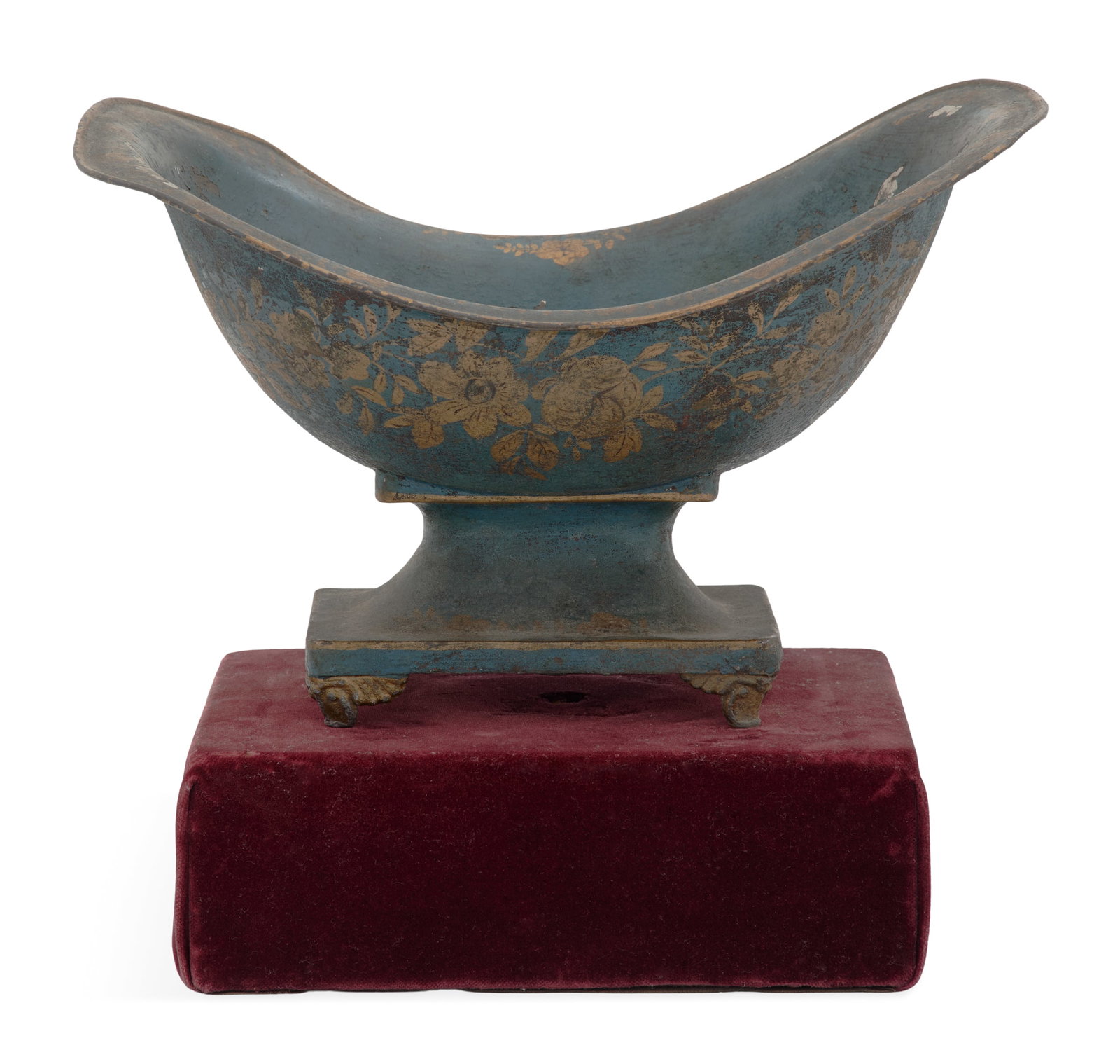 Unusual English Tole Centerpiece: Unusual English Tole Centerpiece early 19th century, the Mazarine blue centerpiece decorated with gilt and black penwork flowers, on gilt feet, with an unidentified mark on the base, on a red velvet b