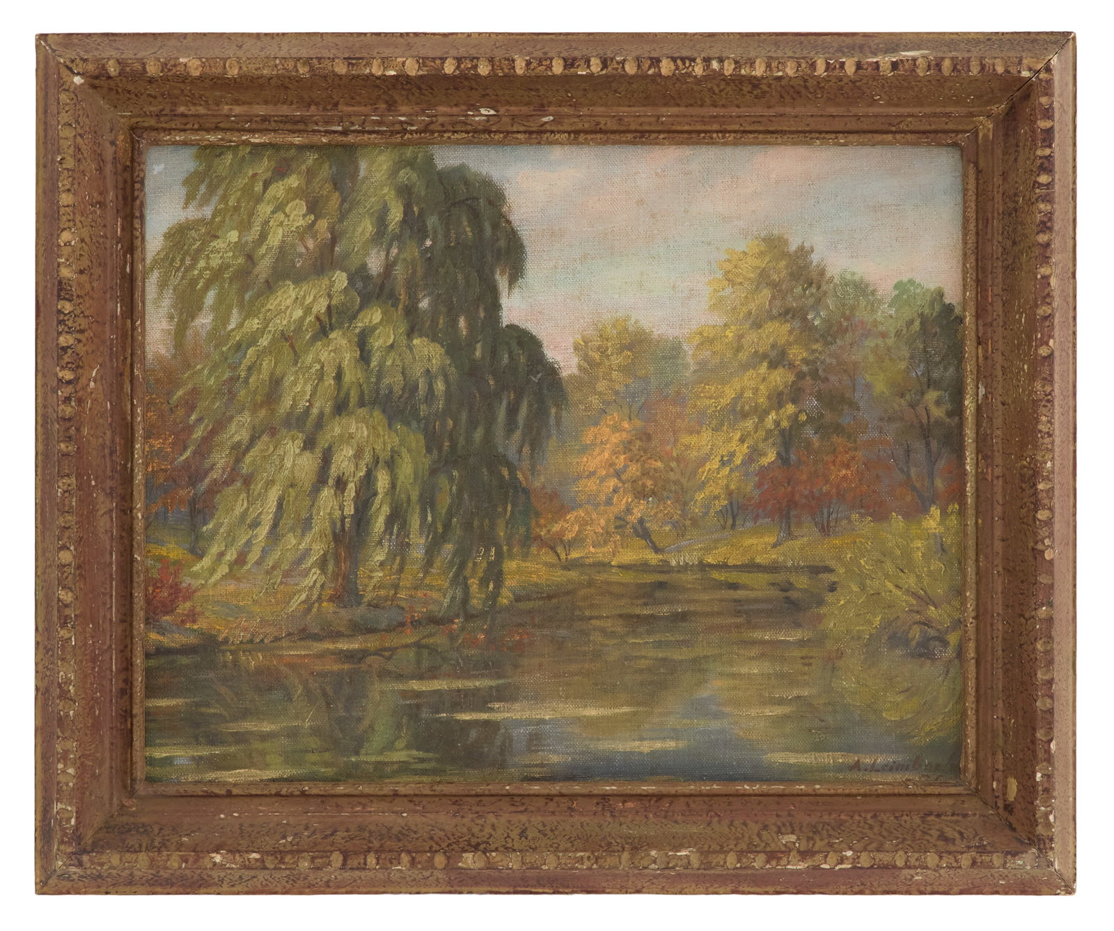 American School (20th Century): American School 20th Century "Weeping Willow" oil on canvas board illegibly signed lower right. Framed. 12" x 15-1/4", framed 15-1/4" x 18-1/4"