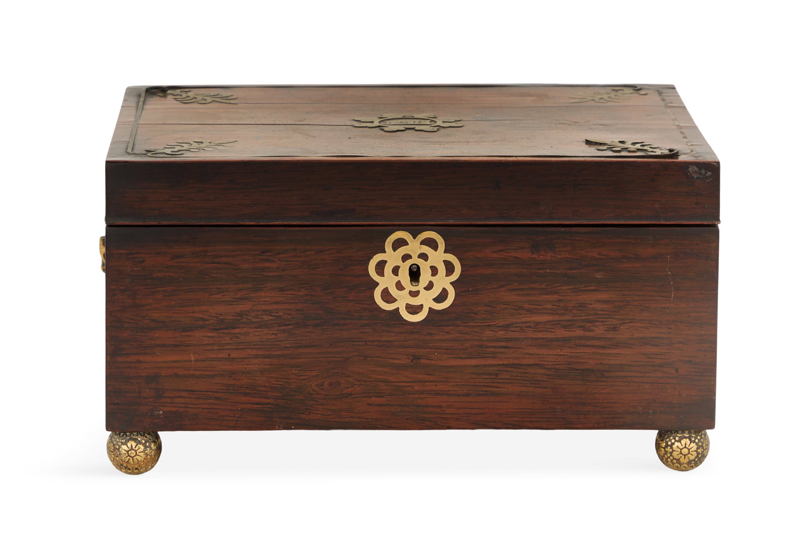 Regency Brass-Inlaid Rosewood Box: Regency Brass-Inlaid Rosewood Box first quarter 19th century, the cover inlaid with corner anthemia and a central medallion with initials, the sides set with lion's-head ring pulls, raised on unusual 
