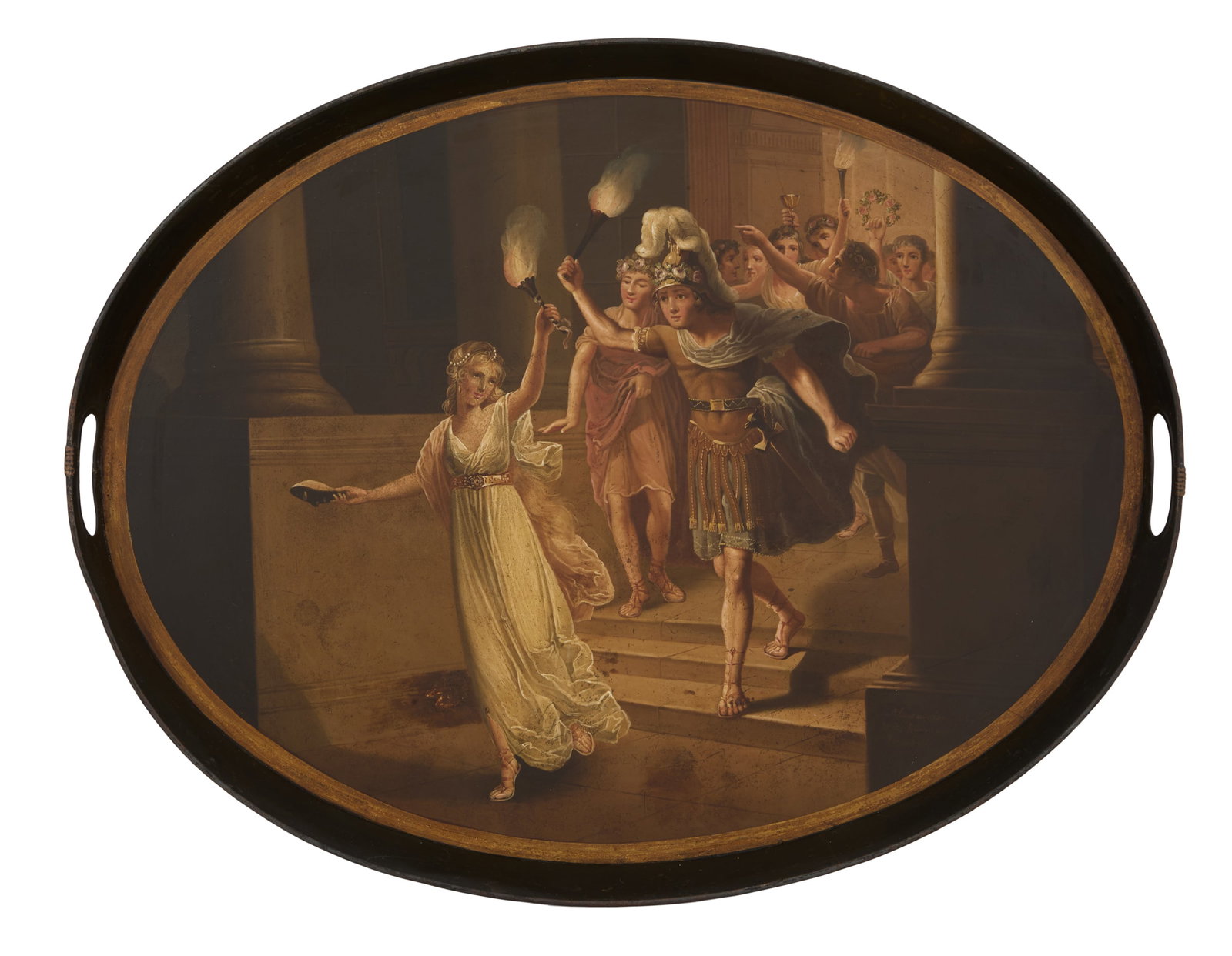 English Regency Tole-Peinte Tray: English Regency Tole-Peinte Tray first quarter 19th century, the oval tray decorated with Helen of Troy and Aeneas in a Grecian temple, the sides pierced as handles. h. 1-1/2", w. 23-1/4", d. 18-1/2" 