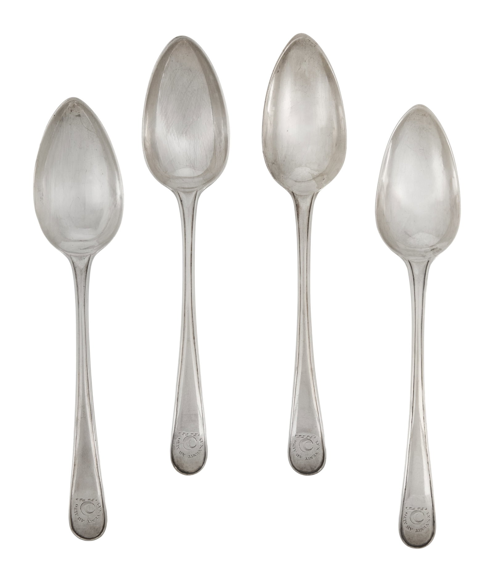 Four Scottish Late Georgian Tablespoons: Four Scottish Late Georgian Tablespoons hallmarked Edinburgh, 1802-1803, by Alexander Spence, in the traditional "Old English Thread" pattern, engraved with the crest and motto of Dallas. l. 9-1/4"; 9