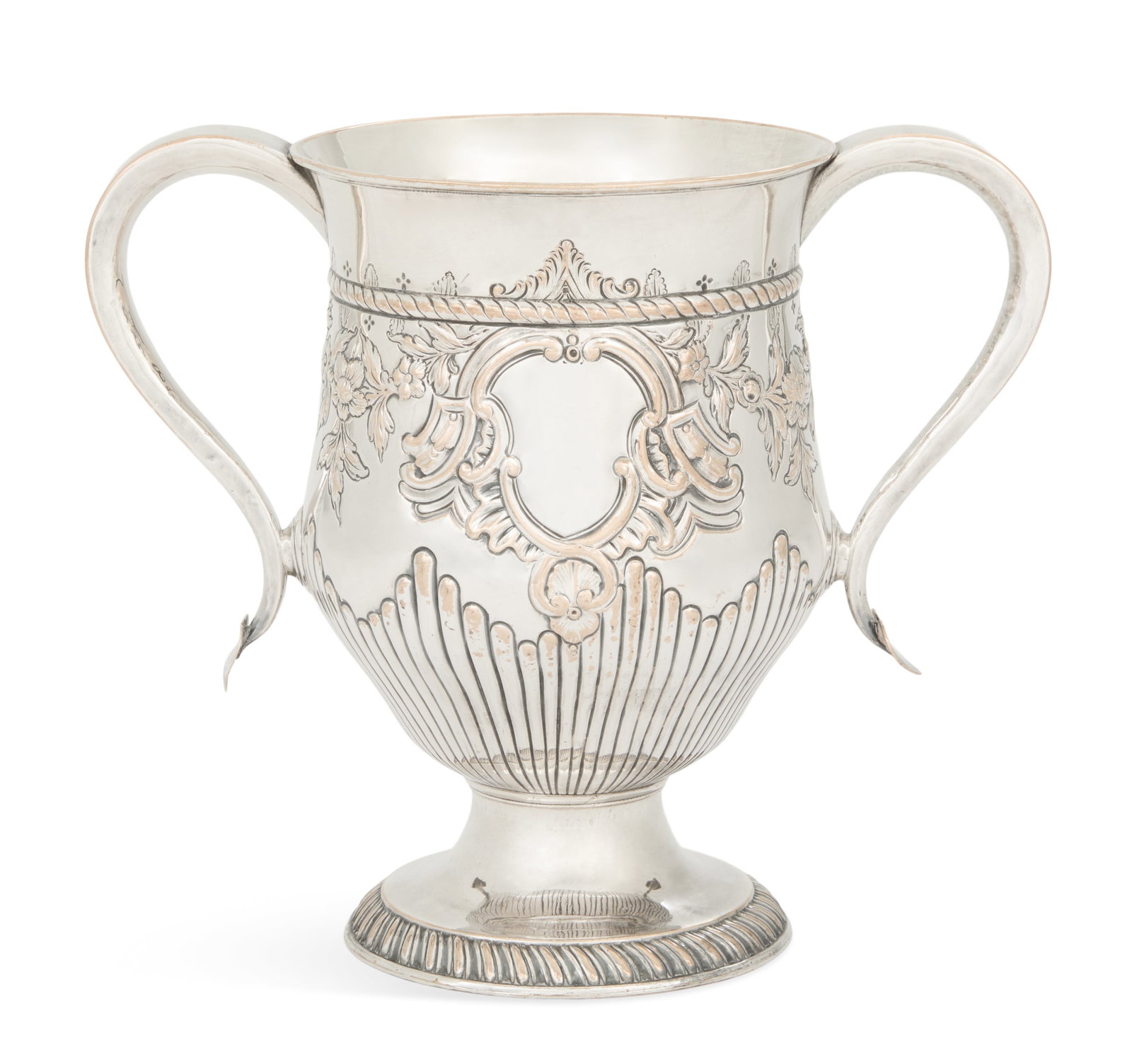 Victorian Silverplate Two-Handled Cup: Victorian Silverplate Two-Handled Cup mid-19th century, the baluster-form body with gadrooned calyx and embossed "rope" band, decorated with an embossed rococo cartouche flanked by flowers, with oppos