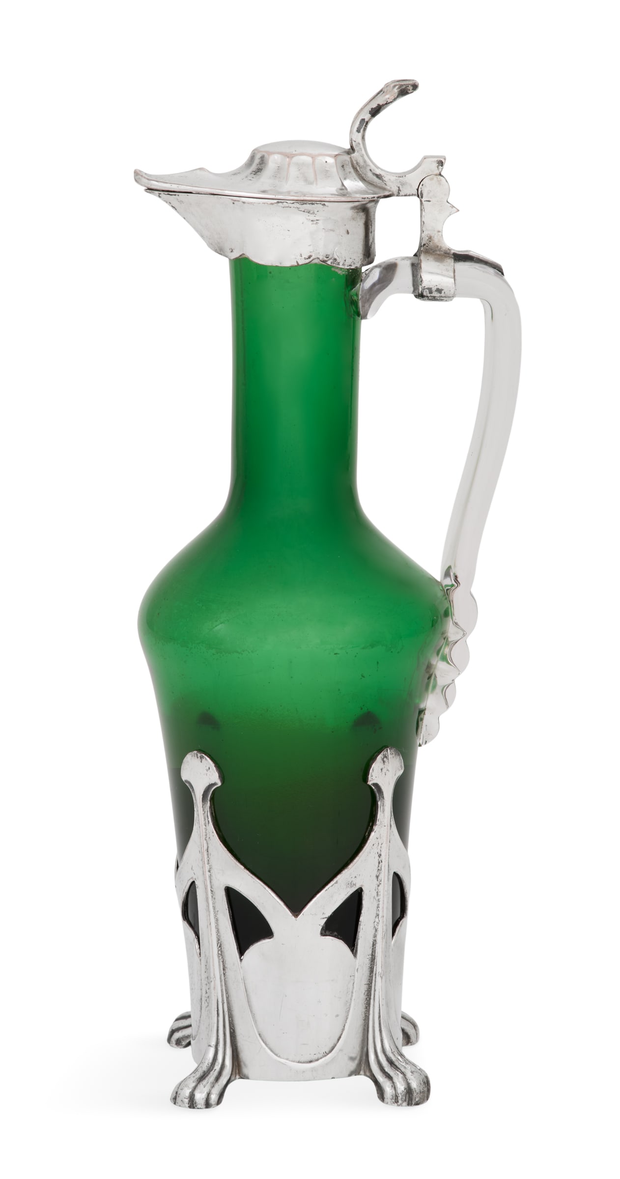 Silverplate and Emerald Glass Claret Jug: Continental Silverplate and Emerald Glass Claret Jug first quarter 20th century, probably Austrian, the tapering emerald glass body with rounded shoulder and down-pulled colorless glass handle, in an 