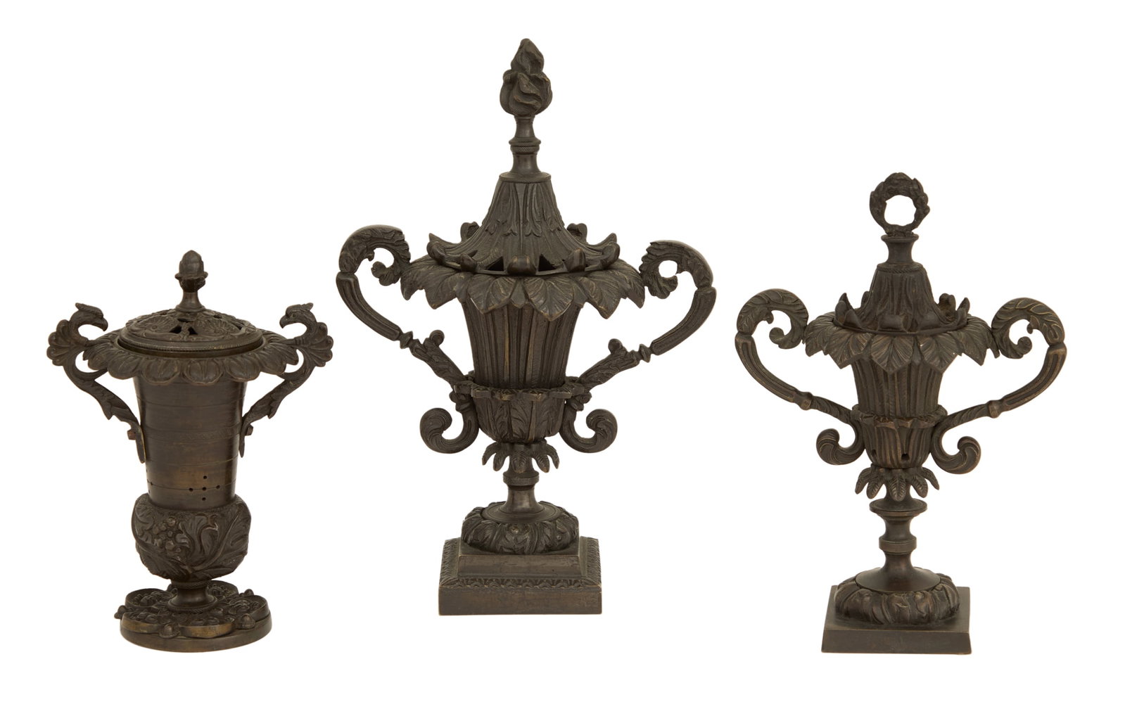 Set of Three Regency Bronze Potpourri Urns: Set of Three Regency Bronze Potpourri Urns early 19th century, two of the urns with cone-form knops and one with a ring-form knop, all with elaborate handles and pierced covers accented with engine tu