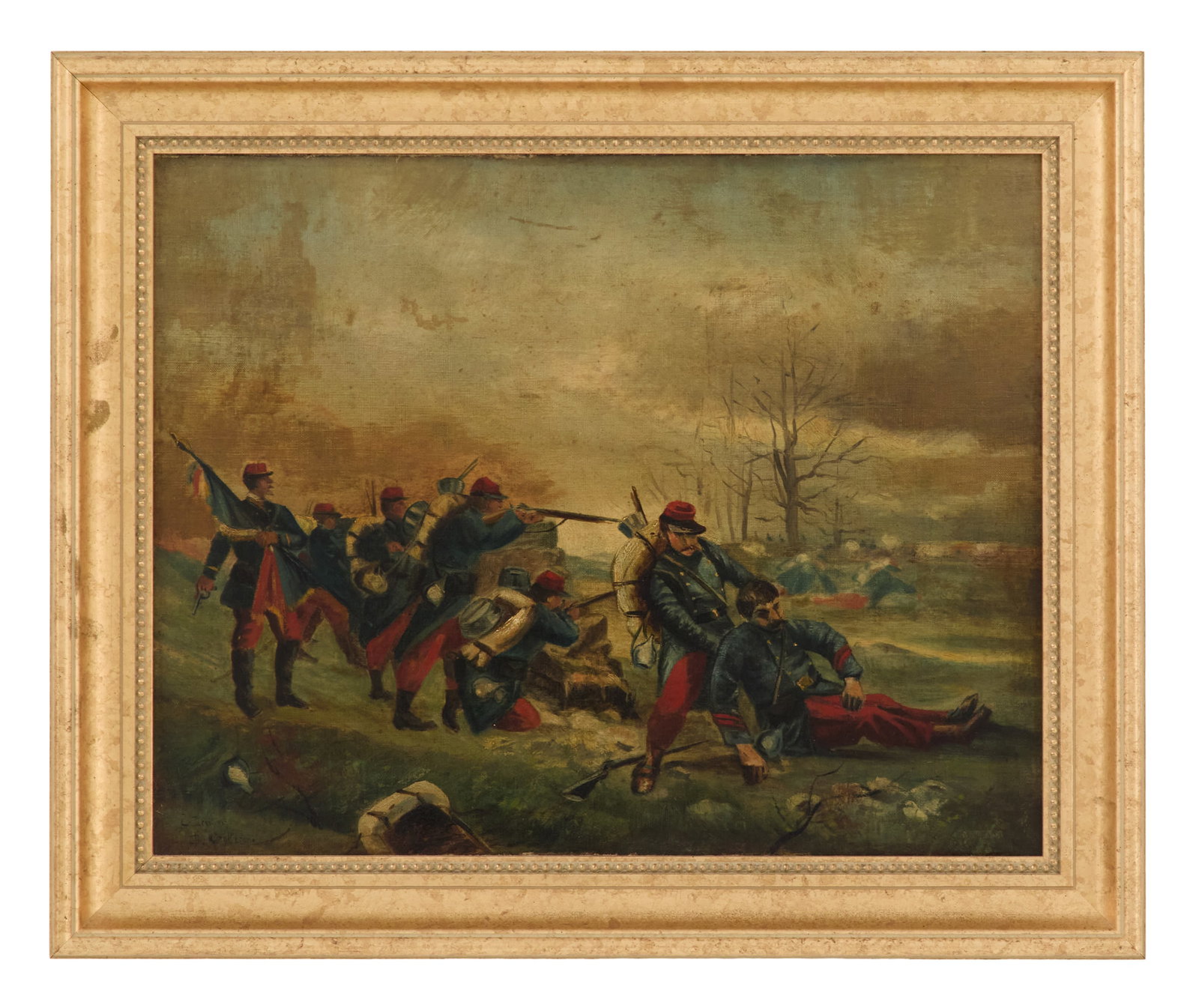 French School (19th Century): French School 19th Century "The Heat of Battle" oil on canvas faintly and illegibly signed twice lower left. Framed. 17" x 21", framed 21-1/2" x 26" Provenance: The collection of Clarence G. Ochsner, 