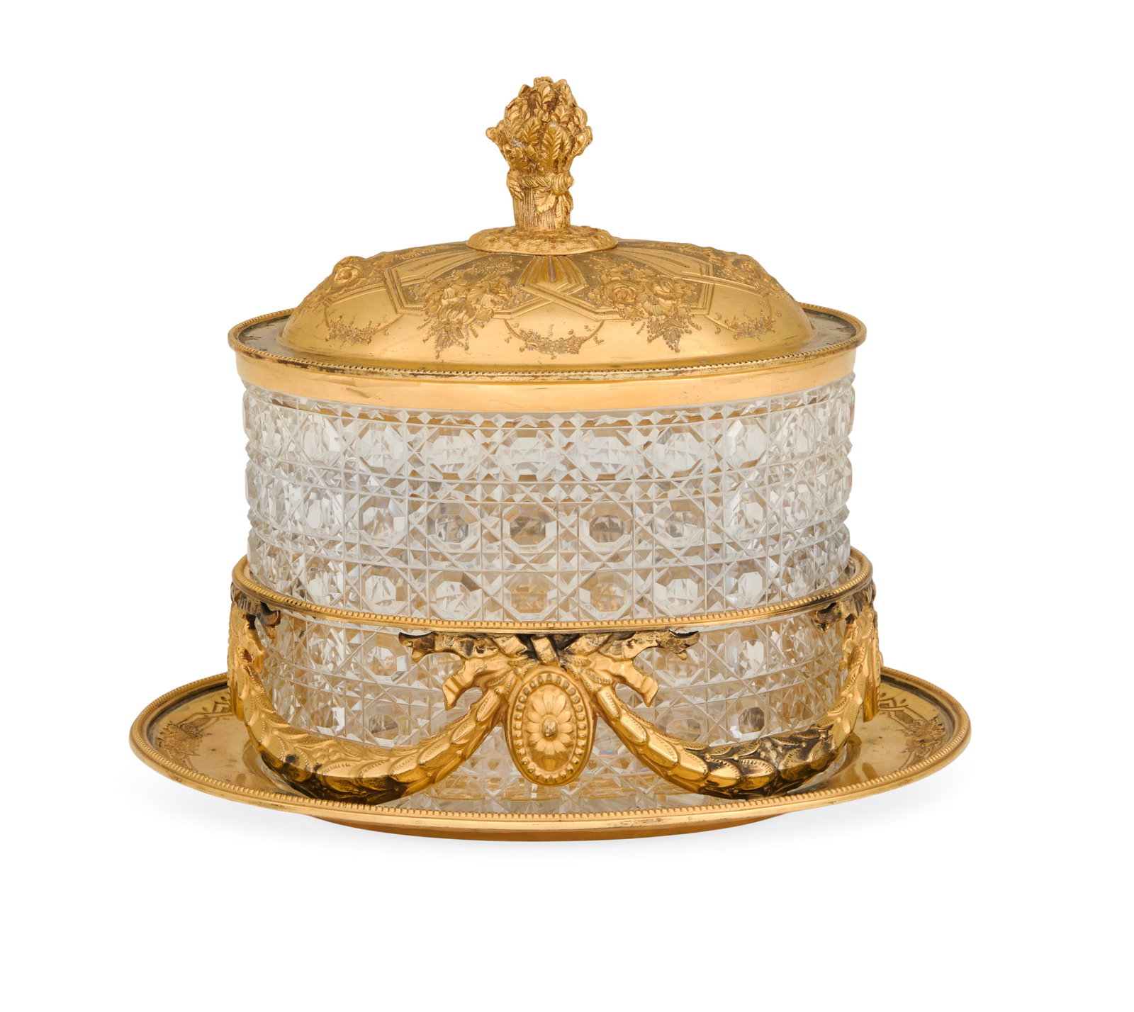 Edwardian Gilt-Metal and Cut-Glass Biscuit Box: Edwardian Gilt-Metal and Cut-Glass Biscuit Box first quarter 20th century, by Martin, Hall & Co., Sheffield, the oval cane-cut glass box fitted in a conforming gilt-metal frame of openwork laurel swag
