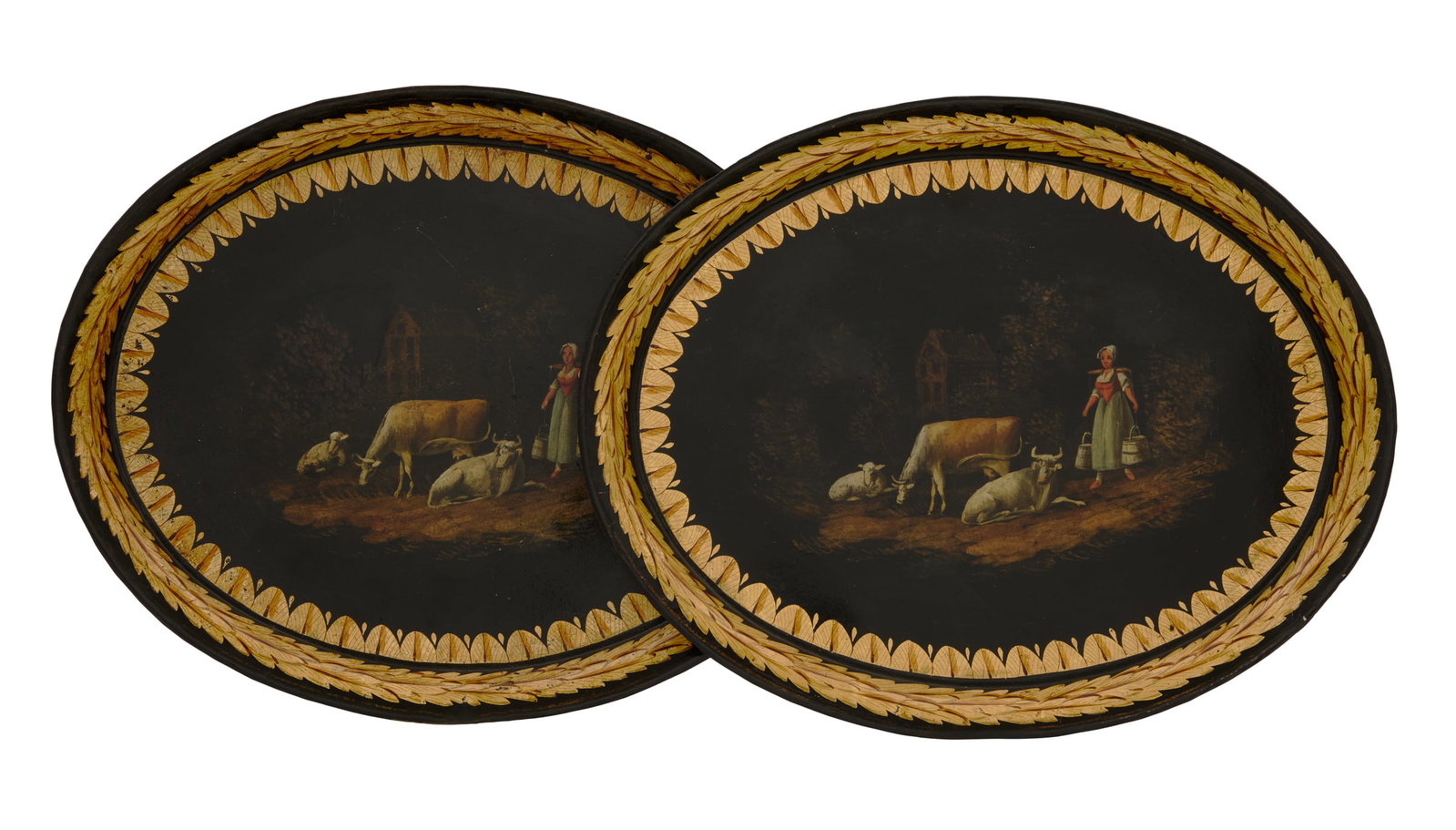 Pair of English Regency Tole Oval Trays: Pair of English Regency Tole Oval Trays early 19th century, painted with a milk maid with her animals, the borders painted with gilt leaves and delicate penwork detail. w. 9-1/2", l. 12"