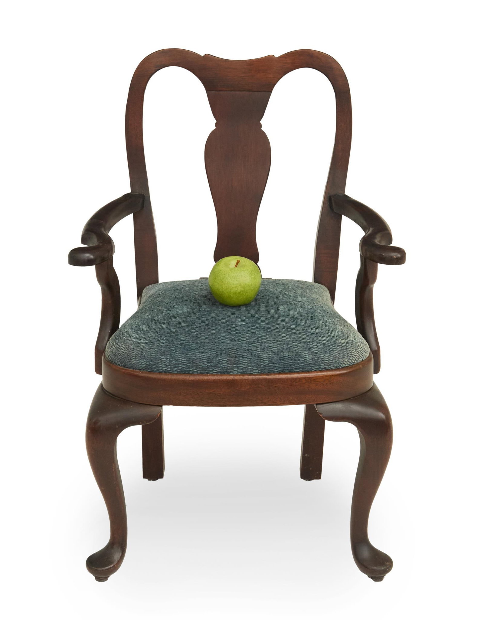 Queen Anne-Style Mahogany Child's Armchair: Queen Anne-Style Mahogany Child's Armchair 20th century, the back with a shaped splat, over a slip seat, and raised on cabriole legs ending in pad feet. h. 28-1/2", seat h. 15", w. 19", d. 18" Provena