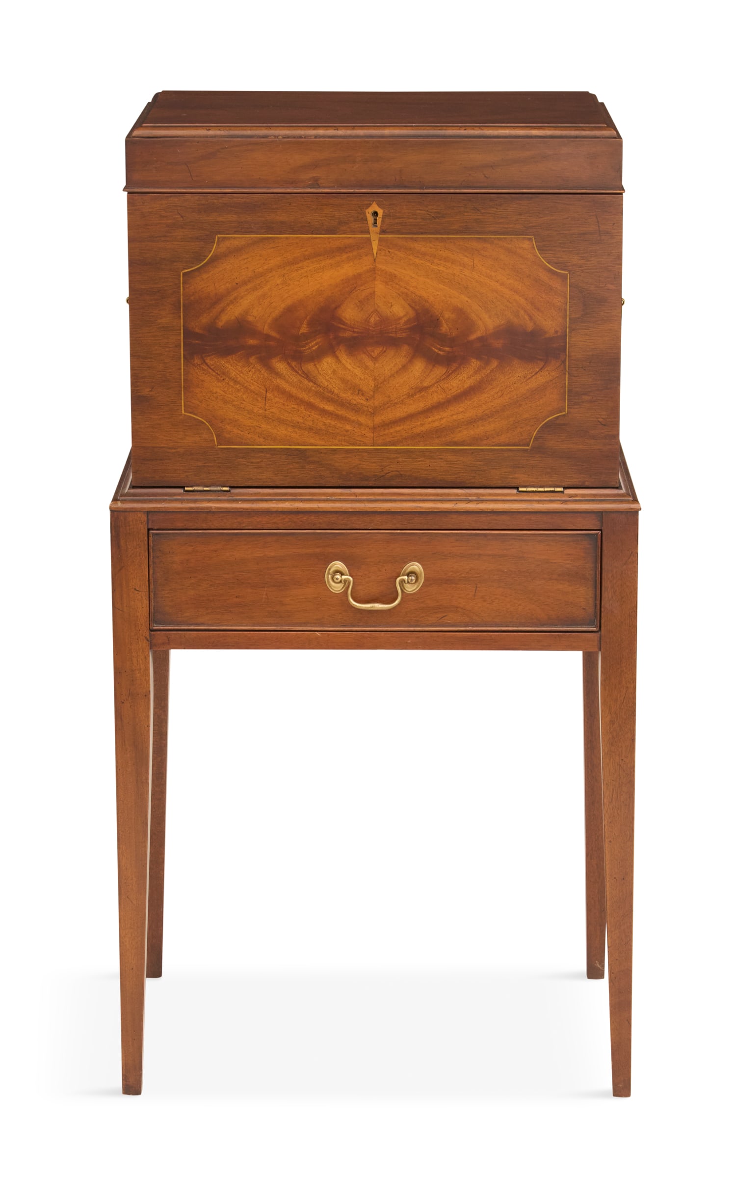 Figured Mahogany Flatware Chest on Stand: Figured Mahogany Flatware Chest on Stand 20th century, in the George III taste, the chest with a lift lid and drop-front door opening to an interior fitted with a flatware tray and three drawers below