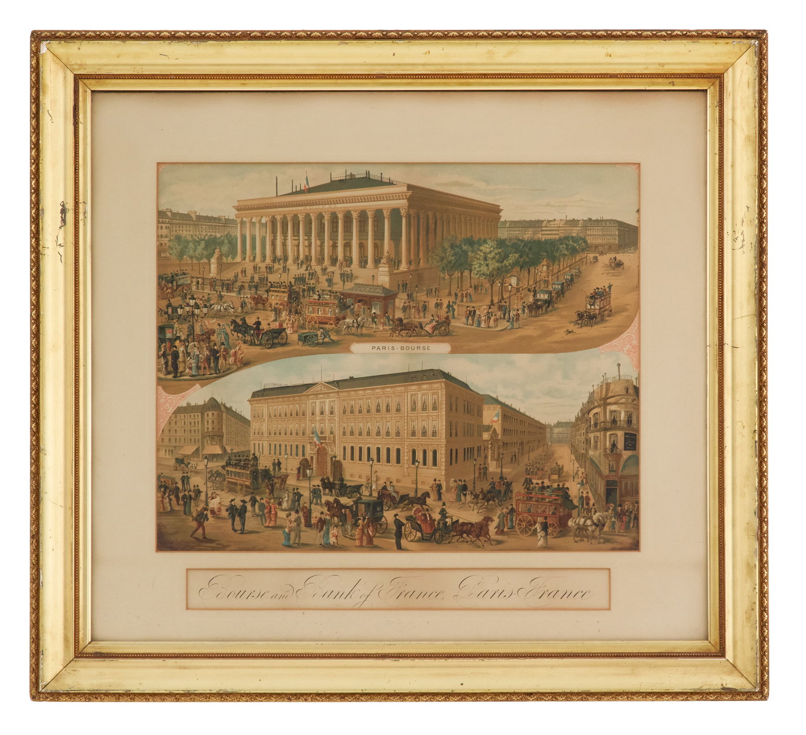 Lithograph of "Bourse and the Bank of France": English Color Lithograph of "Bourse and the Bank of France" Matted, glazed and framed. sight 15-1/2" x 16-1/2", framed 23-1/2" x 25-1/4" Provenance: The collection of Clarence G. Ochsner, Wabasha,