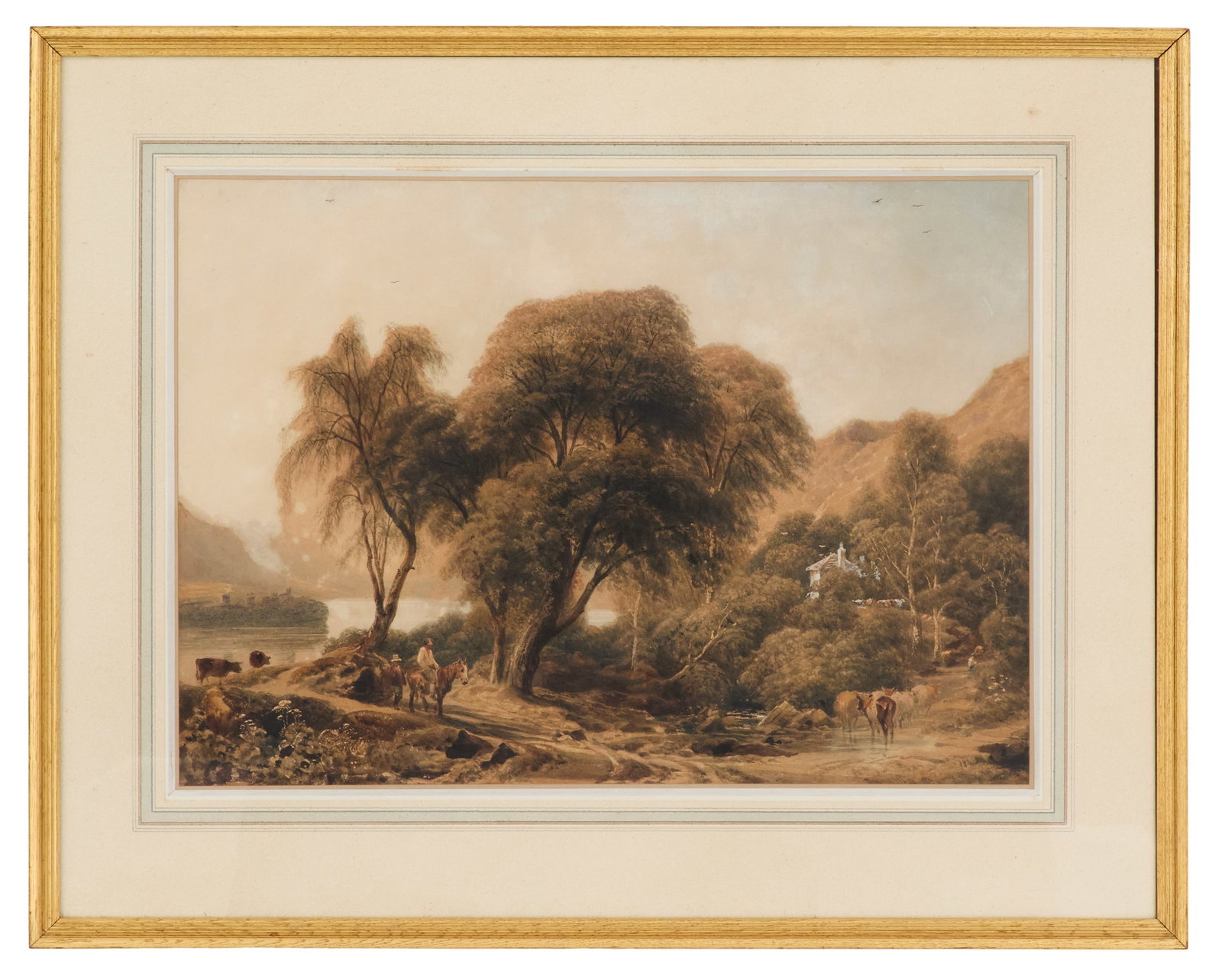 Peter De Wint (British, 1784-1849): Peter De Wint (British, 1784-1849) "The Head of the Loch" watercolor on paper unsigned, titled and artist identified en verso on "The Ruskin Gallery Ltd." label. Matted, glazed and framed. sight 20"