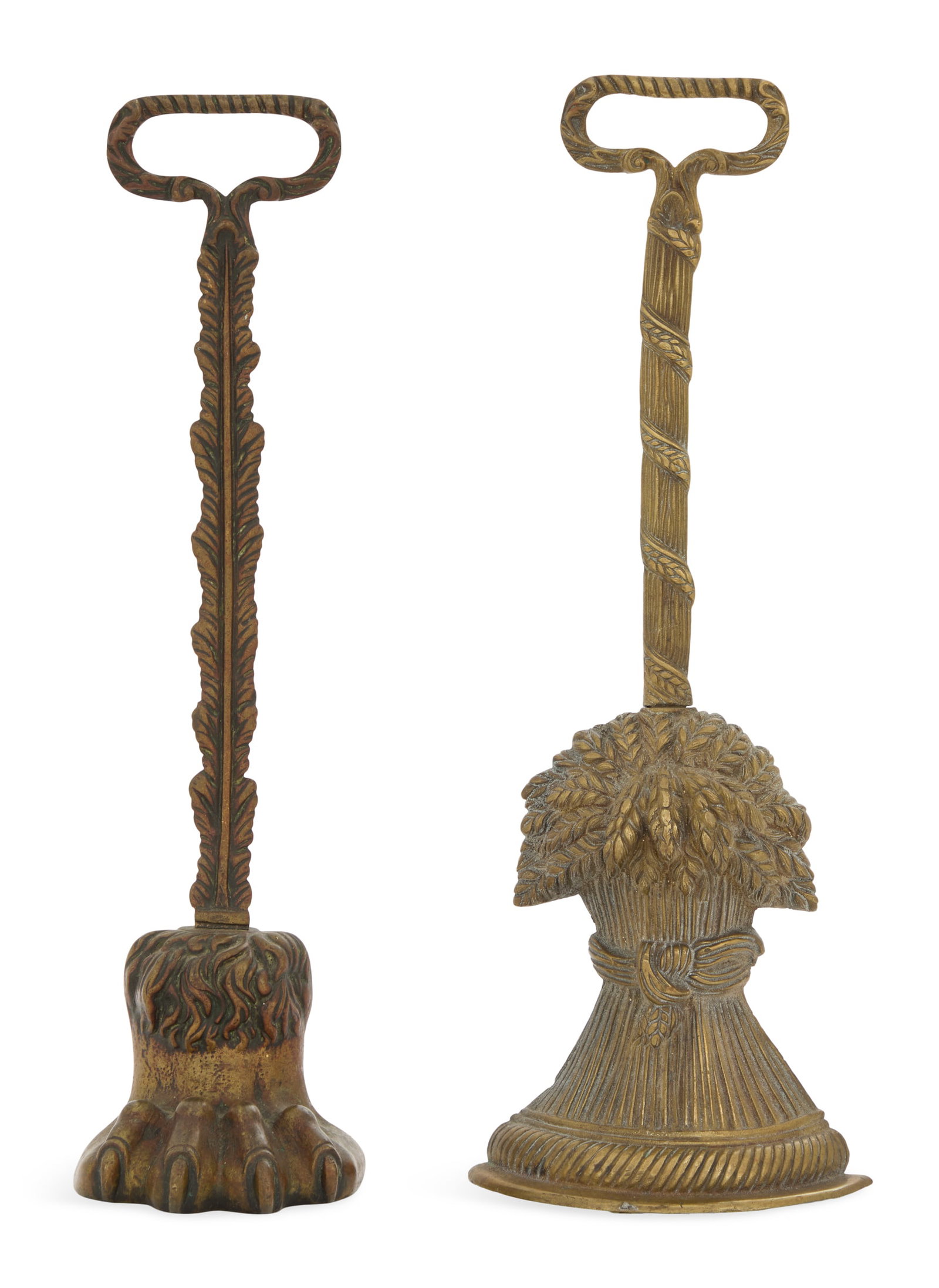 Two English Bronze Door Porters: Two English Bronze Door Porters 19th century, including a sheaf-of-wheat example with a leaf-wrapped, reeded standard, signed by Joseph Walker & Co., Birmingham, h. 15-1/4", w. 4", d. 1-1/2", and a