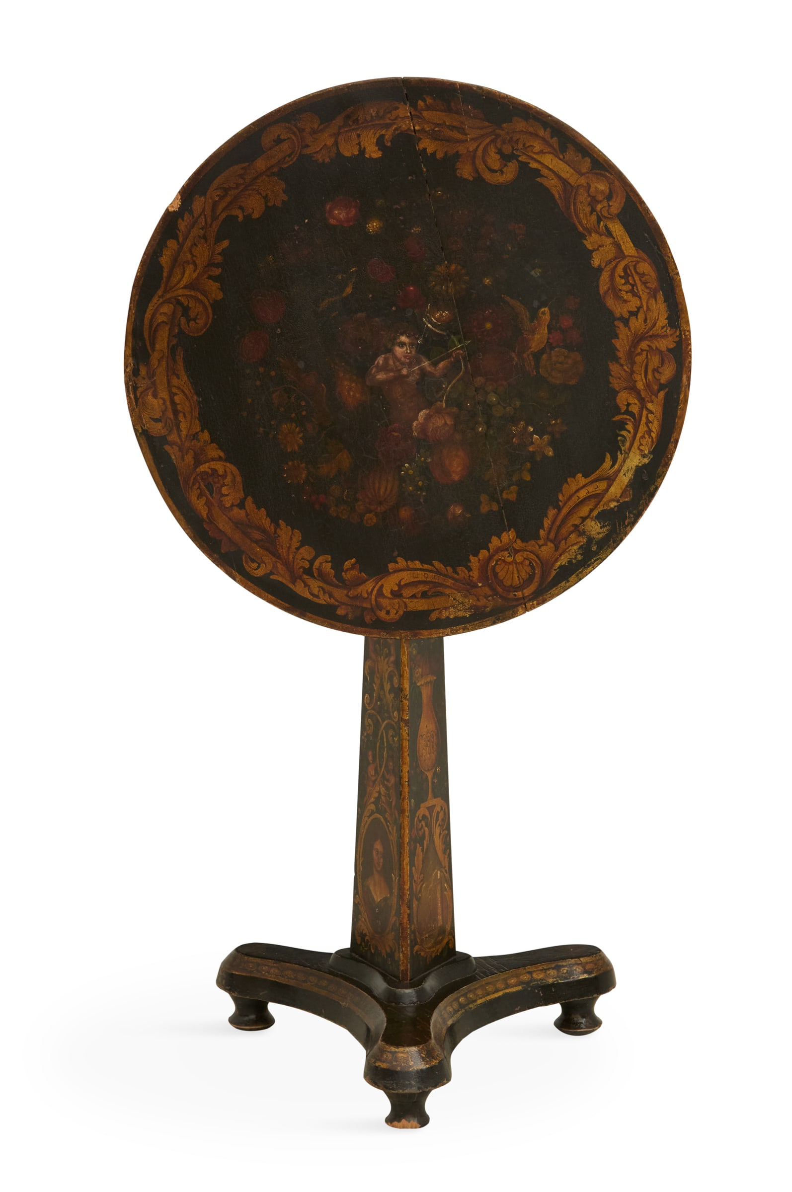 English Victorian Stenciled Tilt-Top Side Table: English Victorian Stenciled Tilt-Top Side Table 19th century, the circular top painted with a cupid with a bow and arrows, amidst a floral garden with birds, mounted to a triangular tapered standard