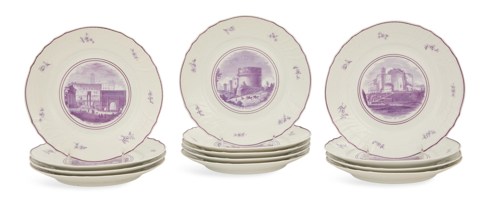 Set of Thirteen Italian Ginori Porcelain Plates: Set of Thirteen Italian Ginori Porcelain Plates mid-20th century, decorated with mauve transfer-printed views of "Tempio di Venere" in Rome and scattered flowers, with two transfer-printed marks and a