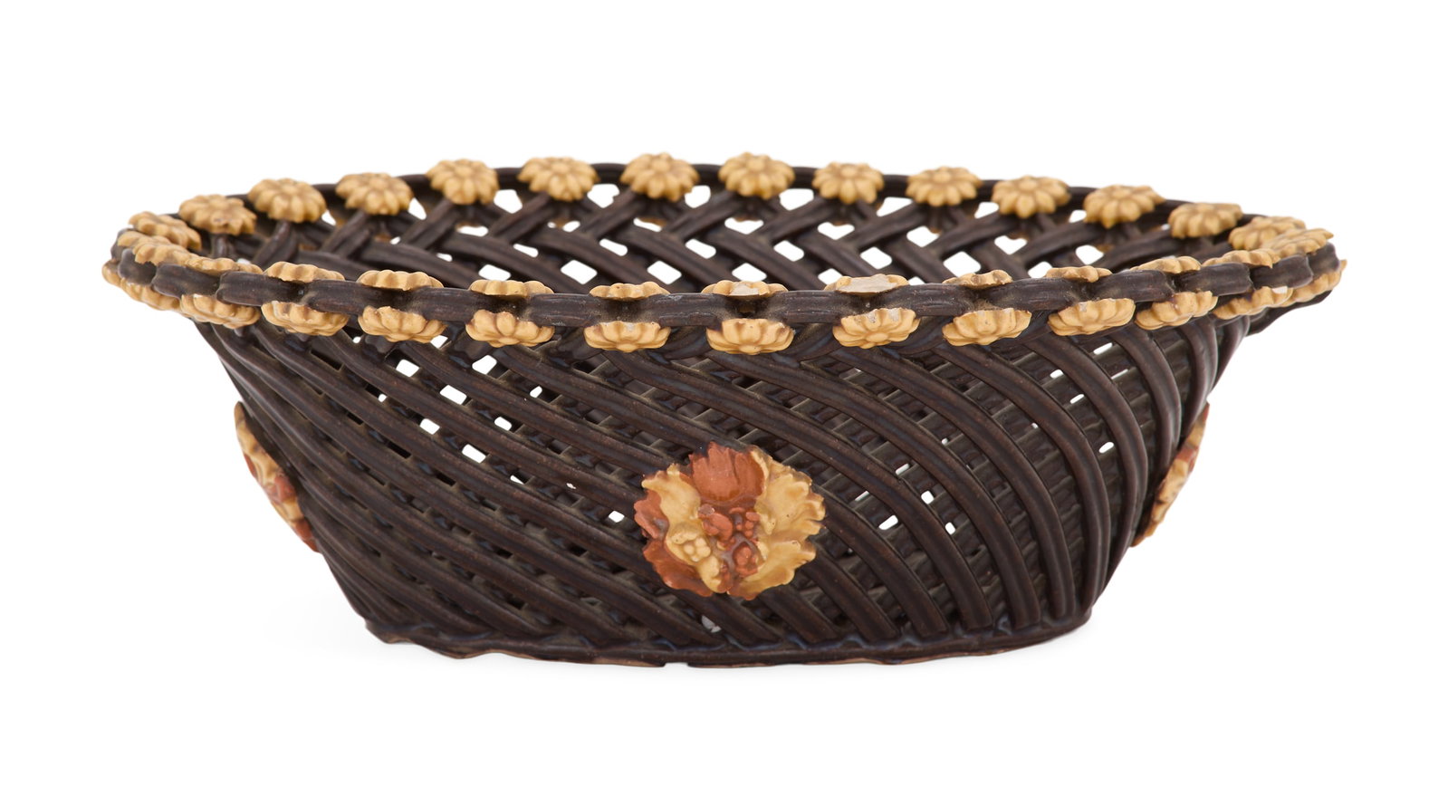 Glazed Redware Pottery Basket: Glazed Redware Pottery Basket 20th century, the oval basket with a brown glaze, decorated with applied small flowers to the rim and larger red and yellow flowers to the sides. h. 3", w. 9", d. 6-1/4"