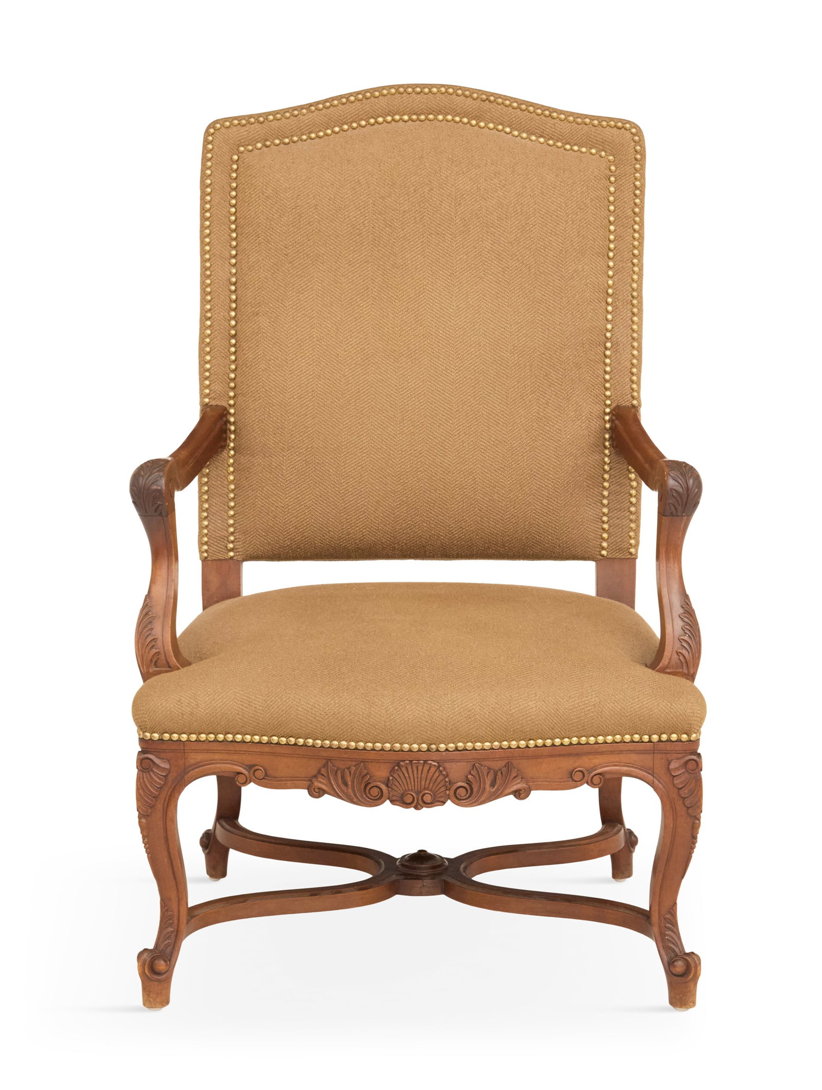 French Walnut Fauteuil: French Walnut Fauteuil early 20th century, in the Louis XV taste, the tall arched and padded back trimmed with two rows of brass tacks, with foliate-carved arms and legs, joined by an X-form stretcher