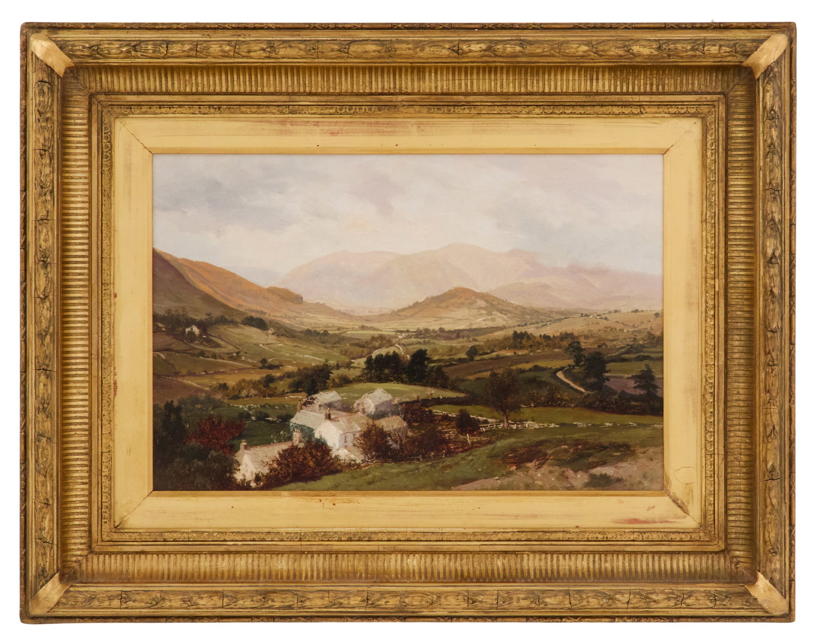 British School (19th Century): British School 19th Century "Mountain Valley Village" oil on canvas partially signed "...older" lower left, with a "Winsor & Newton, London" canvas stamp en verso. Framed. 12-1/8" x 18-1/8", framed 20