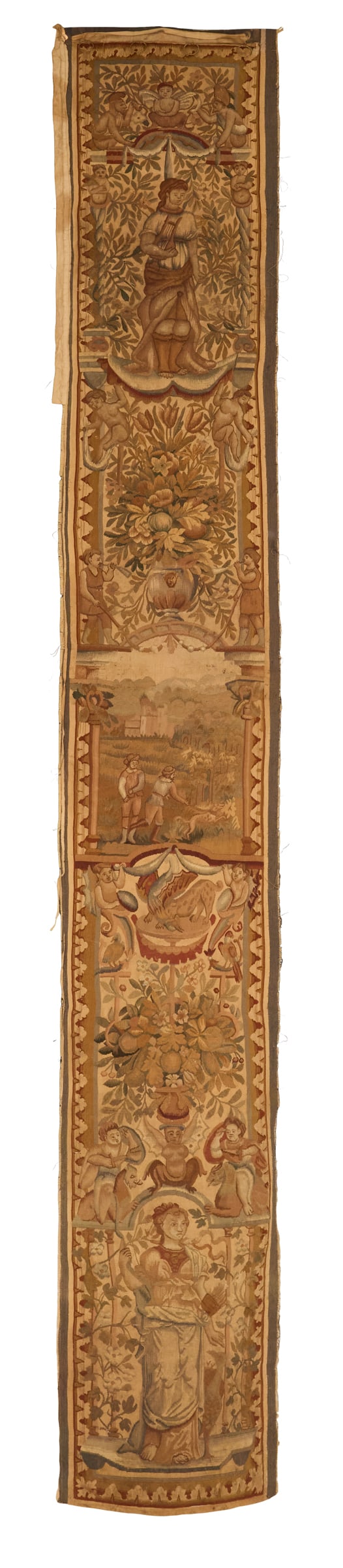 French Vertical Tapestry Panel: French Vertical Tapestry Panel a central bucolic landscape scene with Orpheus, with his lyre, at top and Diana, with her quiver, below, allover ribbon border. 1' 8" x 11' 7" Provenance: Kevin Stone An