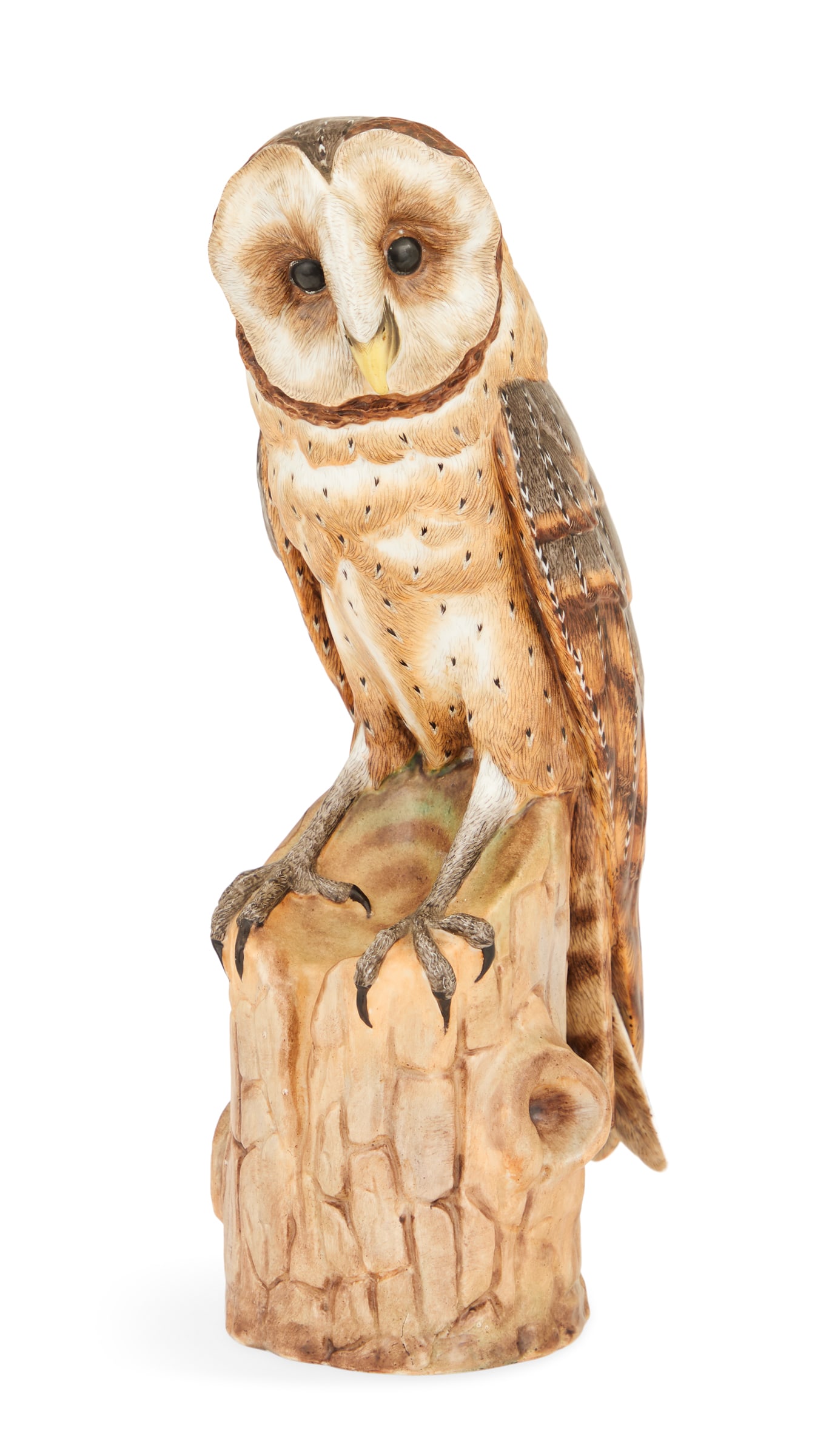 Porcelain Owl: Porcelain Owl late 19th century, likely German, realistically modeled, perched on a stump, with an unidentified blue anchor mark and impressed numbers. h. 13", w. 3-3/4", d. 4-1/2"