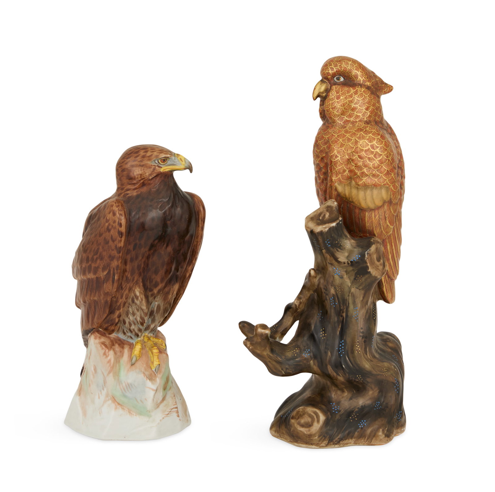 Two Porcelain Bird Figures: Two Porcelain Bird Figures 20th century, including a hawk perced on a rock, made by Kazhatte "Hertwig", marked "LH" inside the base, h. 9", dia. 3-3/4", and a gilt-accented orange parrot perched on a