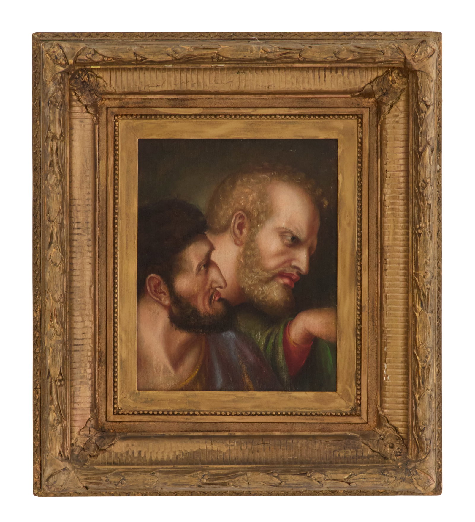 Italian School (19th Century): Italian School 19th Century "Doubting Thomas" oil on canvas unsigned. In a cove-molded giltwood frame. 10" x 8", framed 16-1/2" x 15-1/2"