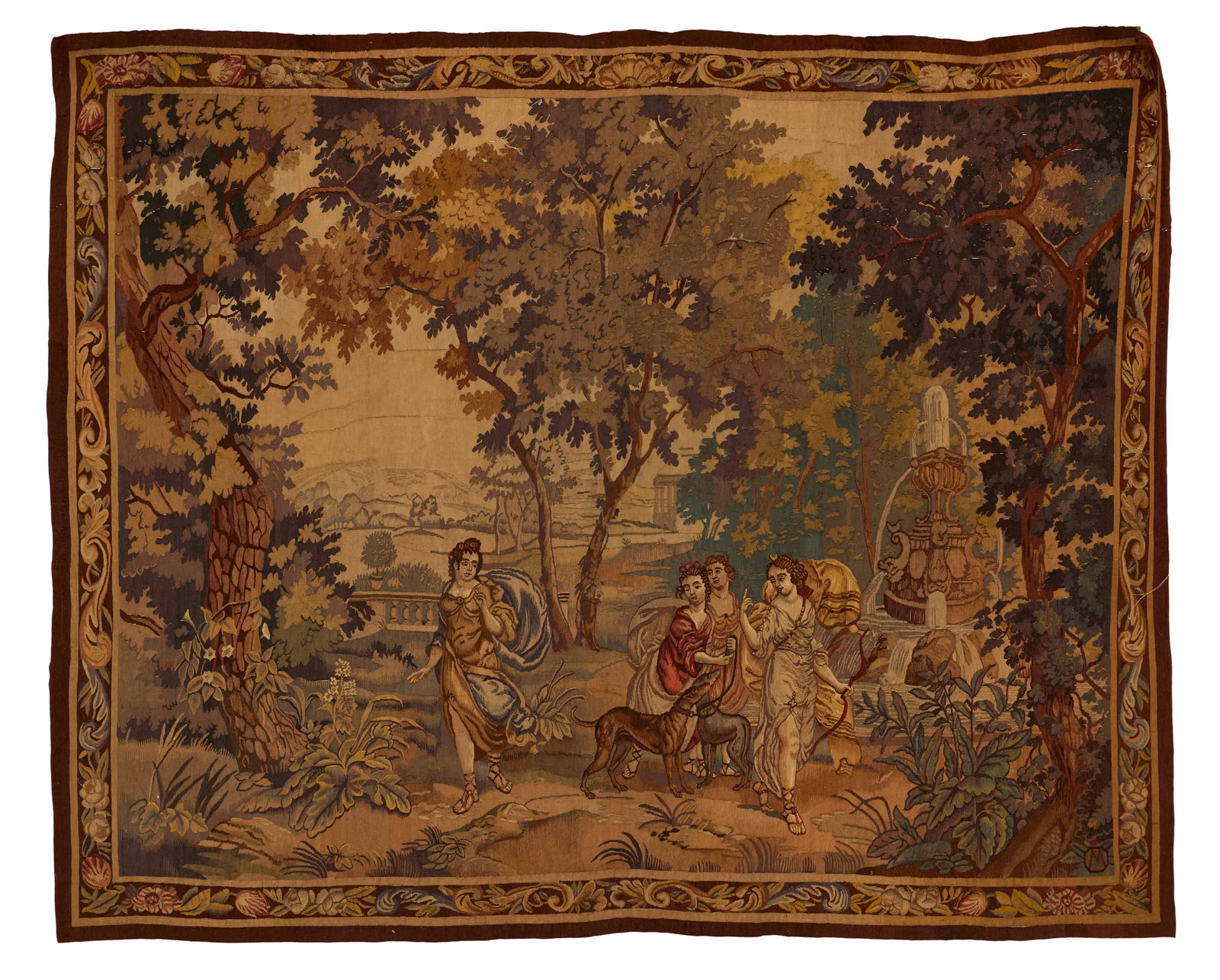 Hand-Woven Brussels Tapestry of Artemis: Hand-Woven Brussels Tapestry of Artemis 19th century, the goddess of the hunt with her handmaidens and hunting dogs, within a lush landscape, allover vine border. 59" x 90" Provenance: Kevin Stone Ant