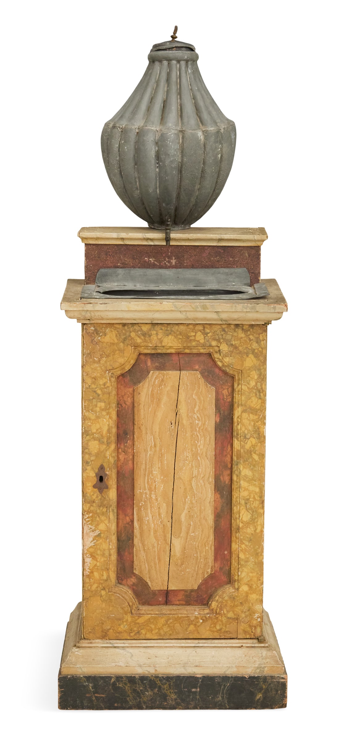 Continental Pewter and Wood Lavabo with Cabinet: Continental Pewter and Wood Lavabo with Cabinet ca. 1800, the lead cover with a bronze finial on the lobed pewter fountain, set with a bronze spigot, the base with an inset oval pewter basin, with a r