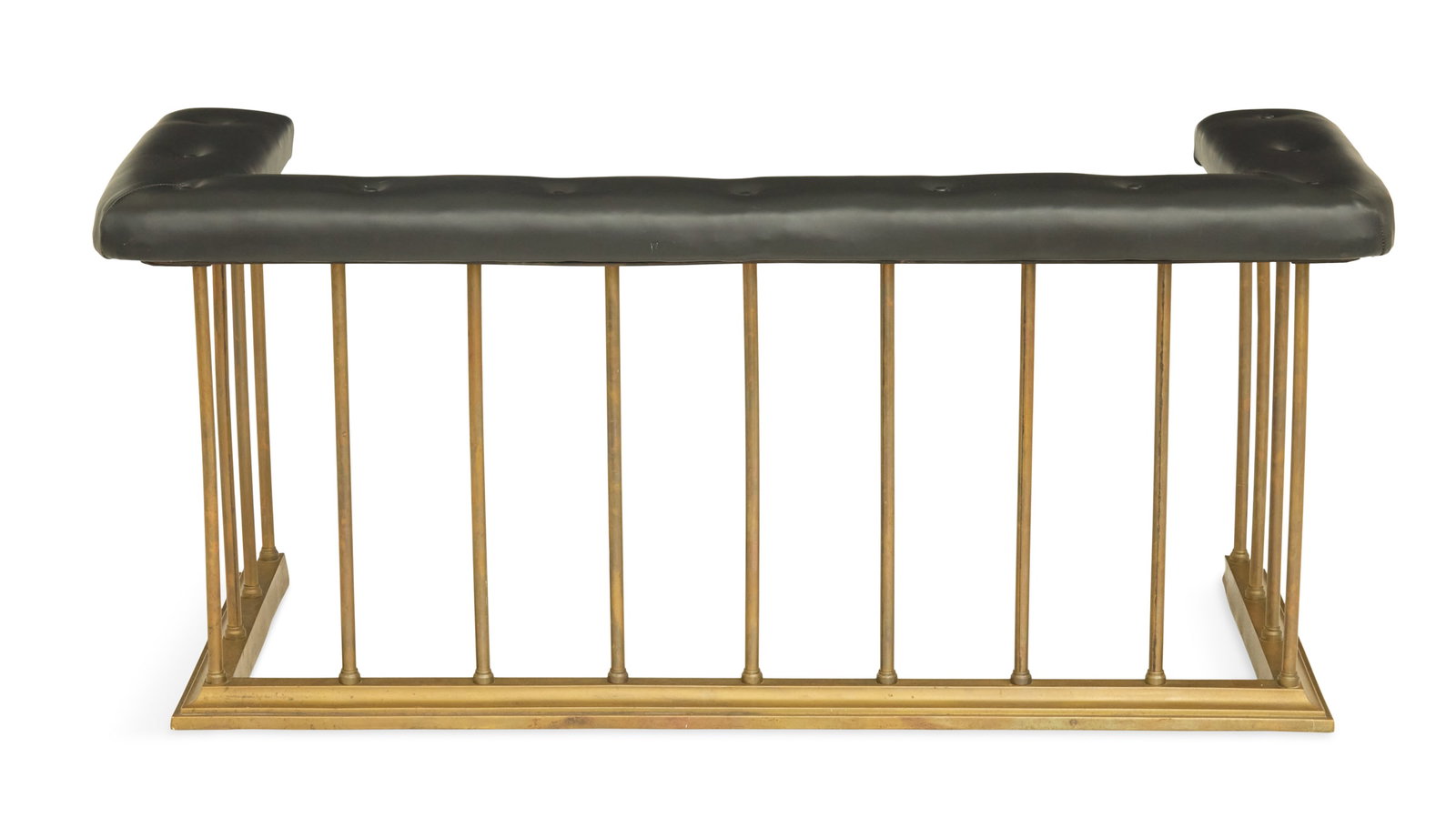 Edwardian Brass and Leather Fireplace Bench: Edwardian Brass and Leather Fireplace Bench early 20th century, the padded top covered in black leather and dressed with buttons, mounted to a tubular base to a molded brass foot. h. 24", w. 54", d. 2