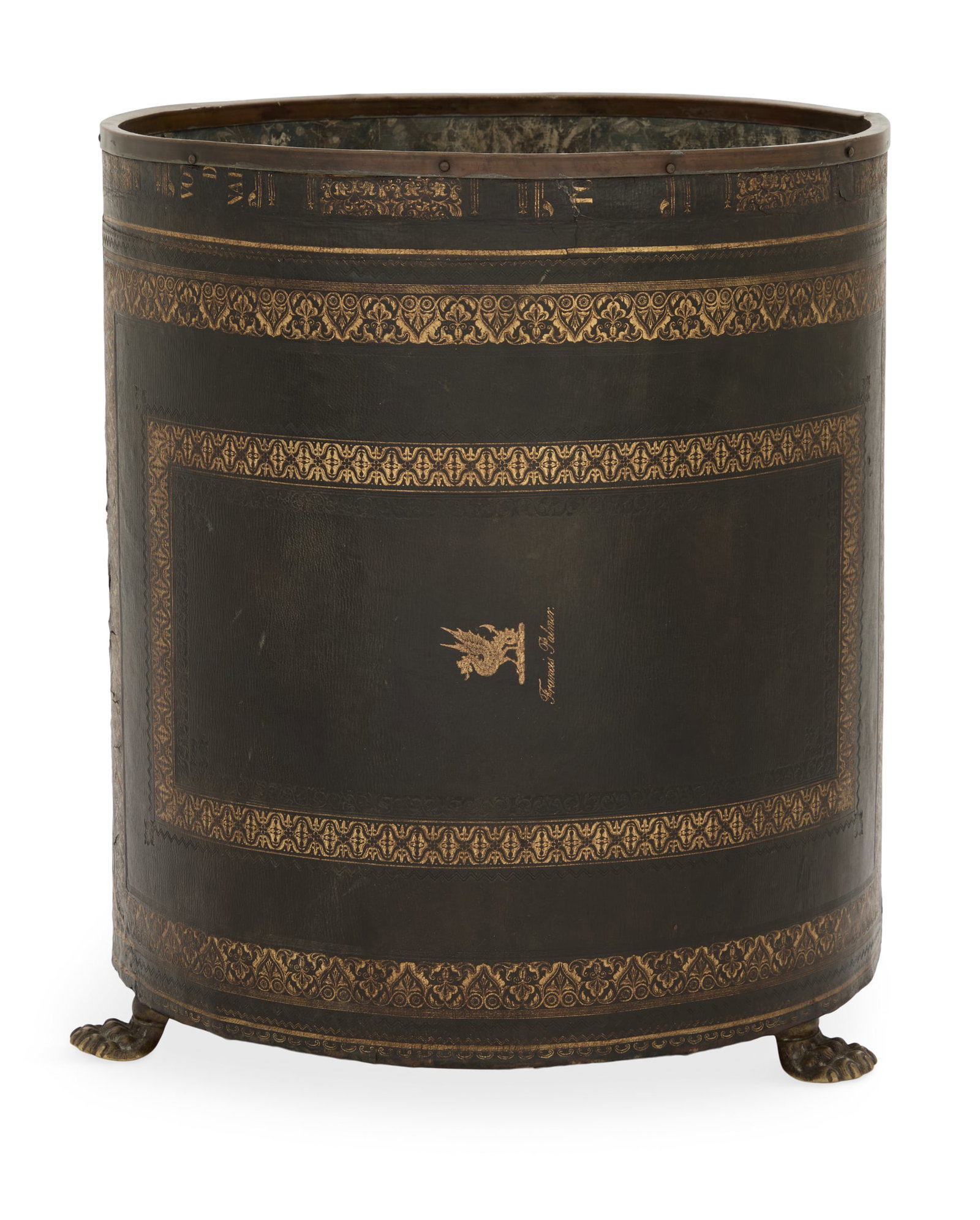 Gilt-Stamped Leather and Brass Wastebasket (1 of 3)