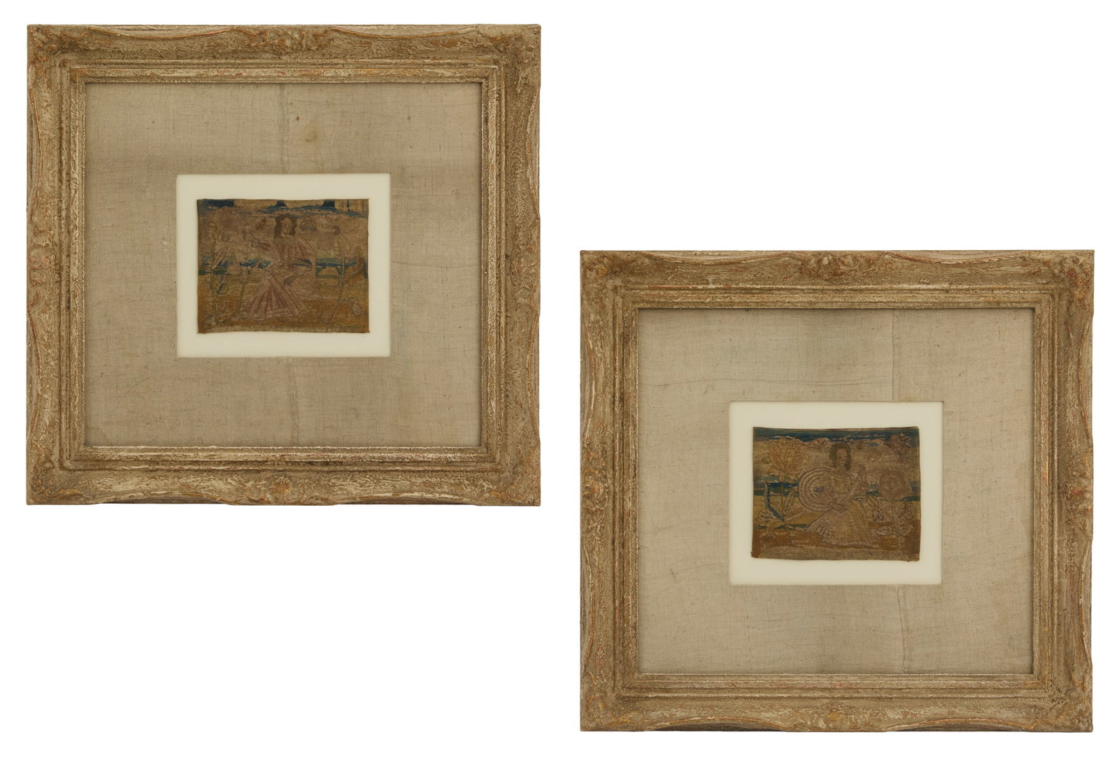 Two Jacobean Embroideries of Maidens in Gardens: Two Jacobean Embroideries of Maidens in Gardens 17th century, silk and wool threads on a hand-woven linen backing. Each matted, glazed and framed. each 5-1/2" x 7", framed 19-1/2" x 20-1/2" Provenance