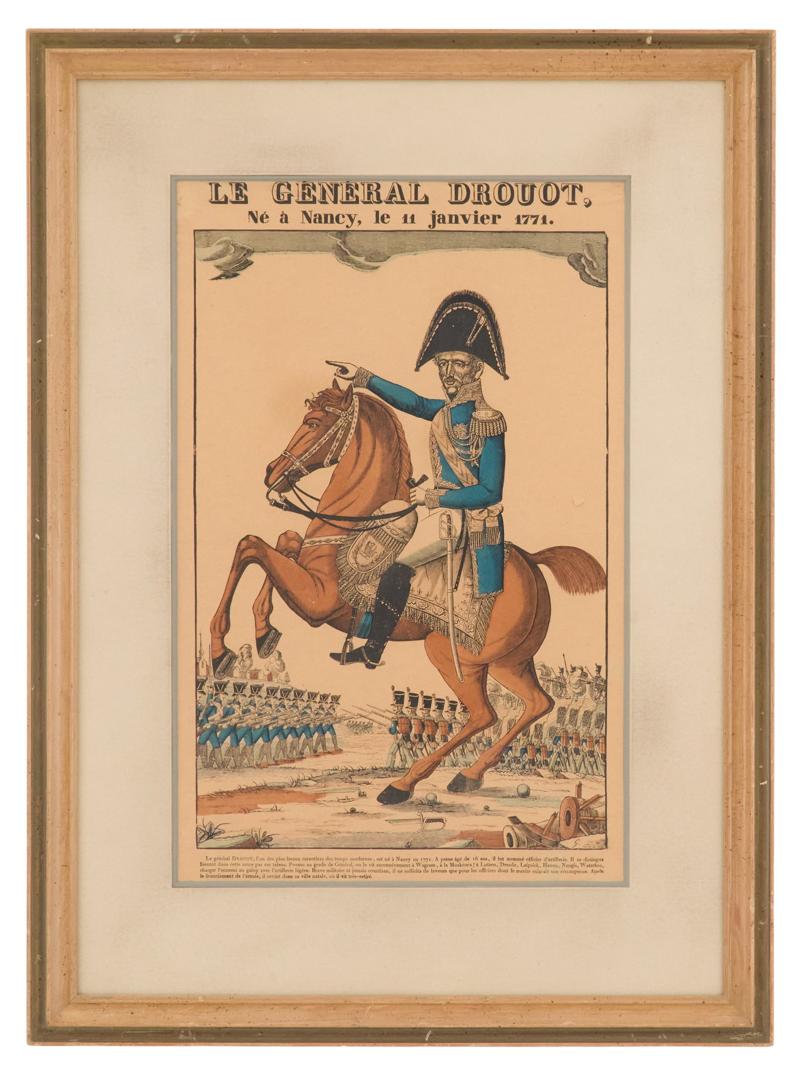 French Woodcut of General Antoine Drouot: French Hand-Colored Woodcut of General Antoine Drouot 19th century, after Francois Georgin (1801-1863), published by Jean-Charles Pellerin (1756-1836), printed by E. Epinal. Matted, glazed and