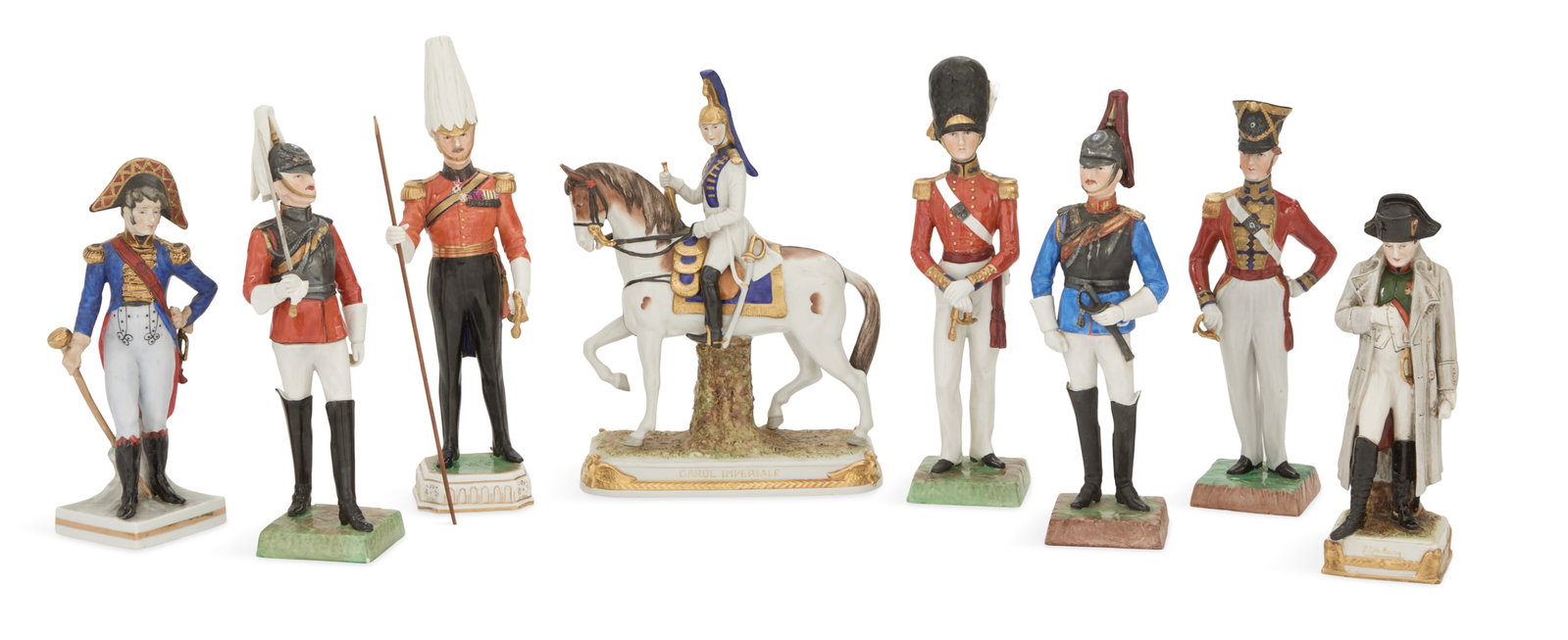 Eight Porcelain Military Figures: Assembled Collection of Eight Porcelain Military Figures 20th century, the collection including two Scheibe-Alsbach figures, one of a garde imperiale horseman and the other of Napoleon, five Carl