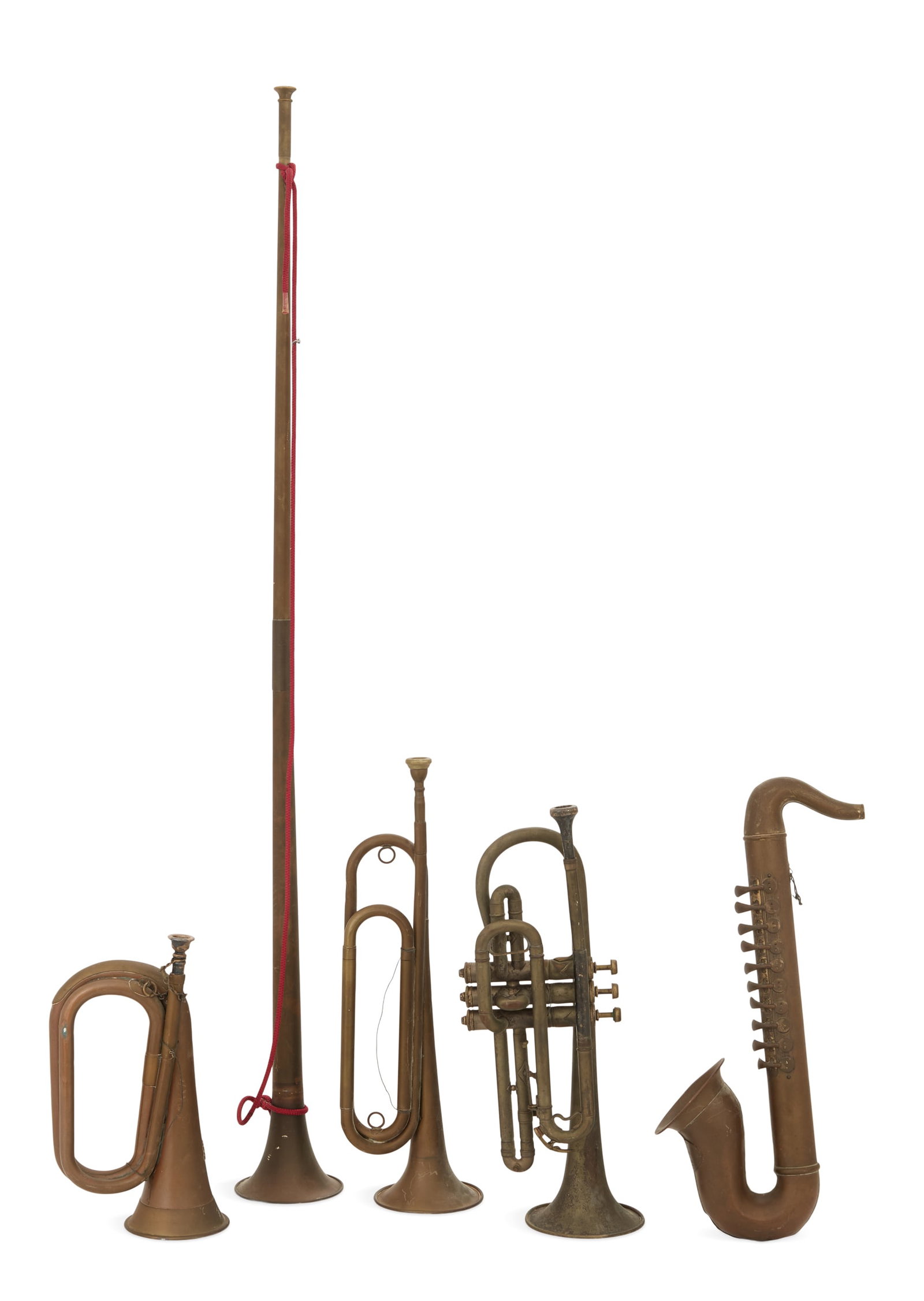 Collection of Five Brass Musical Instruments: Collection of Five Brass Musical Instruments the collection including a military bugle made by Boosey & Hawkes, London, ca. 1930-2003, with an applied "The Boy's Brigade", h. 11-1/2", w. 7-1/2", a