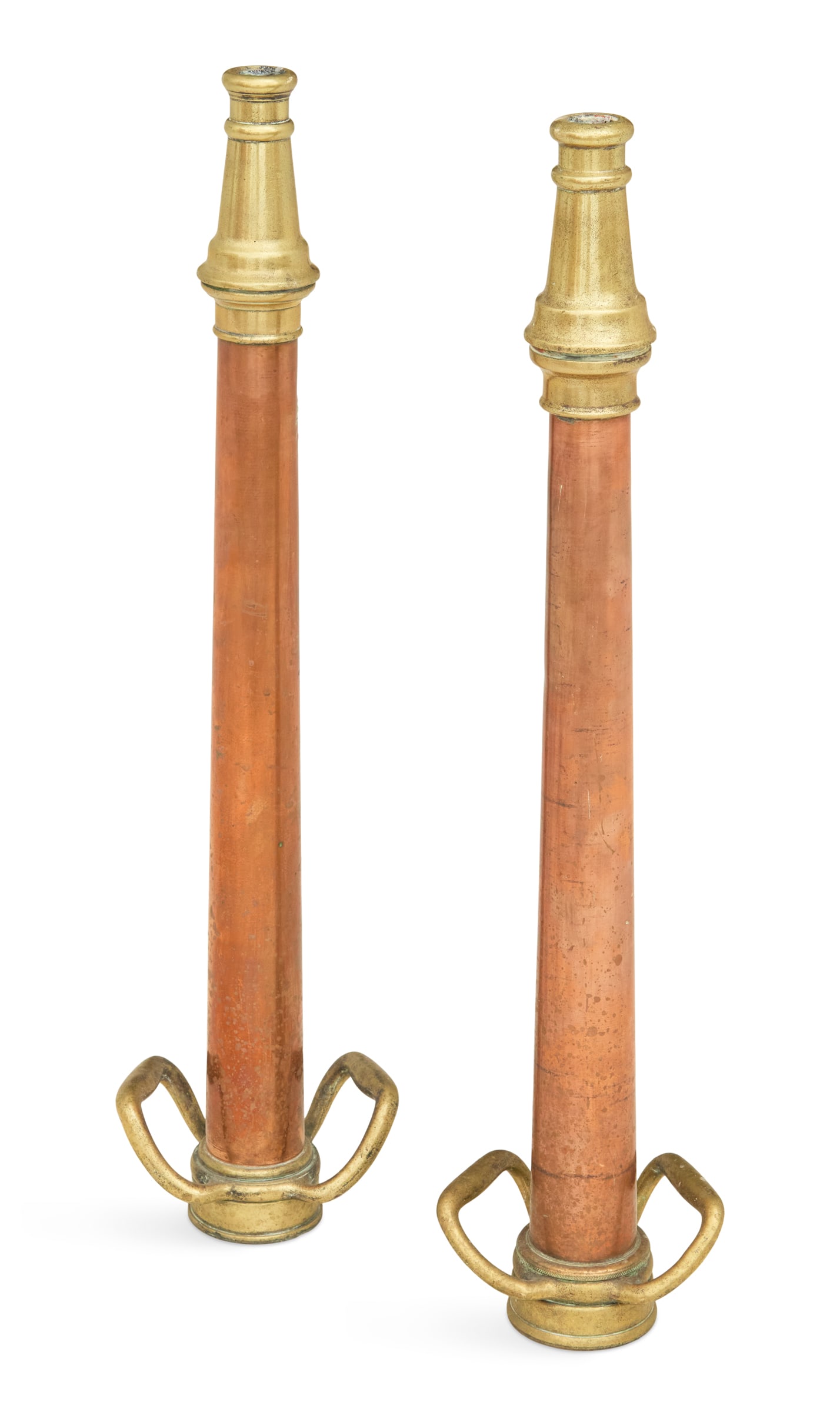 Vintage Brass and Copper Fire Hose Nozzles: Pair of Vintage Brass and Copper Fire Hose Nozzles with turned nozzle ends and copper bodies, the hose end mounted with brass handles. l. 29-3/4" Provenance: The collection of Deborah & Eli Tullis,