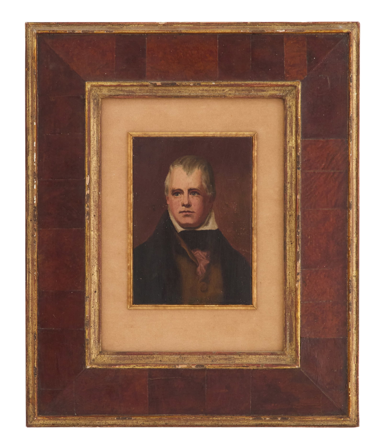 English School (19th Century): English School 19th Century "Portrait of a Gentleman" oil on wood panel unsigned. Matted and framed. 7" x 5", framed 17-1/8" x 14-1/8" Provenance: Kevin Stone Antiques, The Collection of Kevin Stone