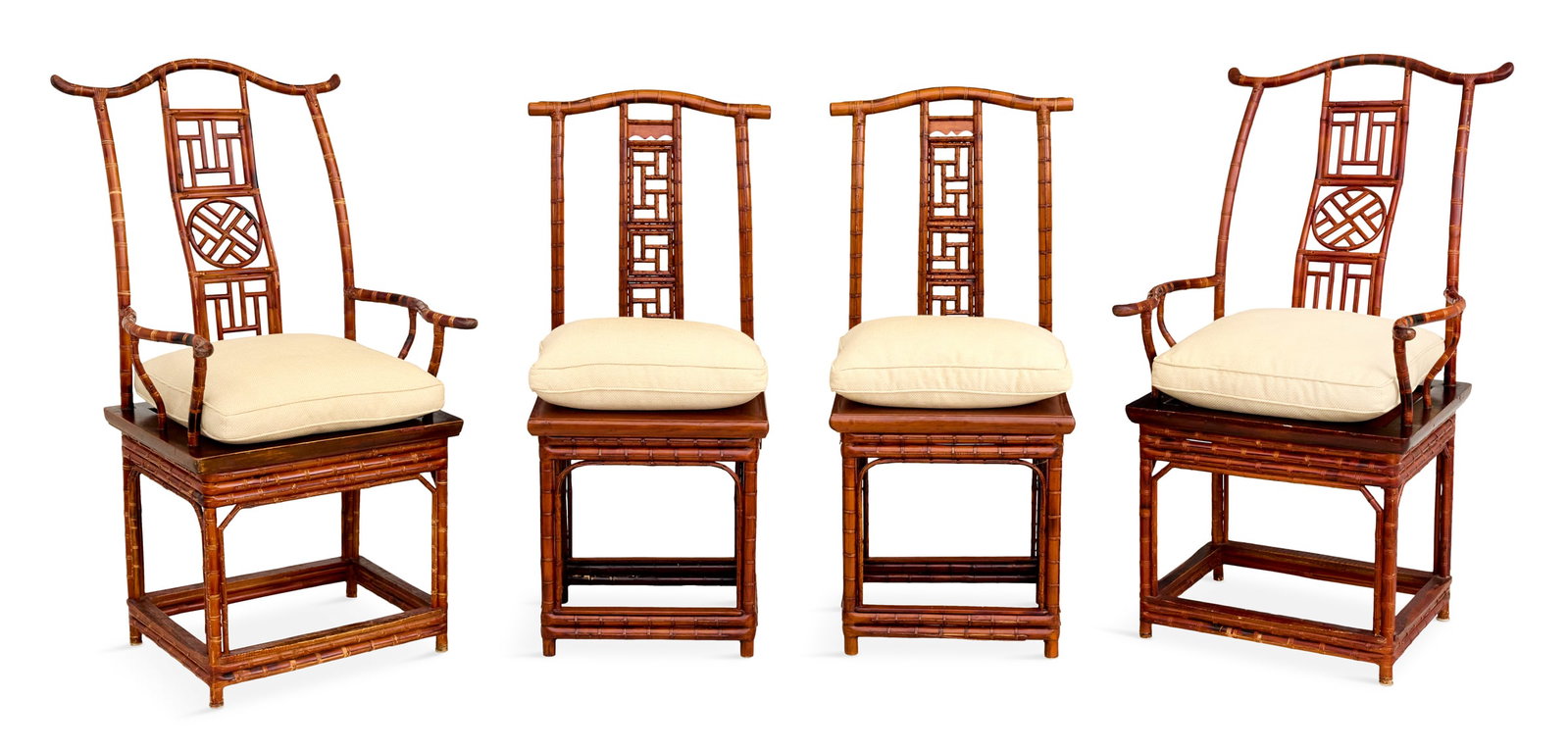 Suite of Four Chinese Export Bamboo Chairs: Suite of Four Chinese Export Bamboo Chairs 20th century, consisting of a pair of armchairs, h. 46", w. 25", d. 26", and a pair of side chairs, h. 46", w. 19", d. 17", each with cane-wrapped bamboo