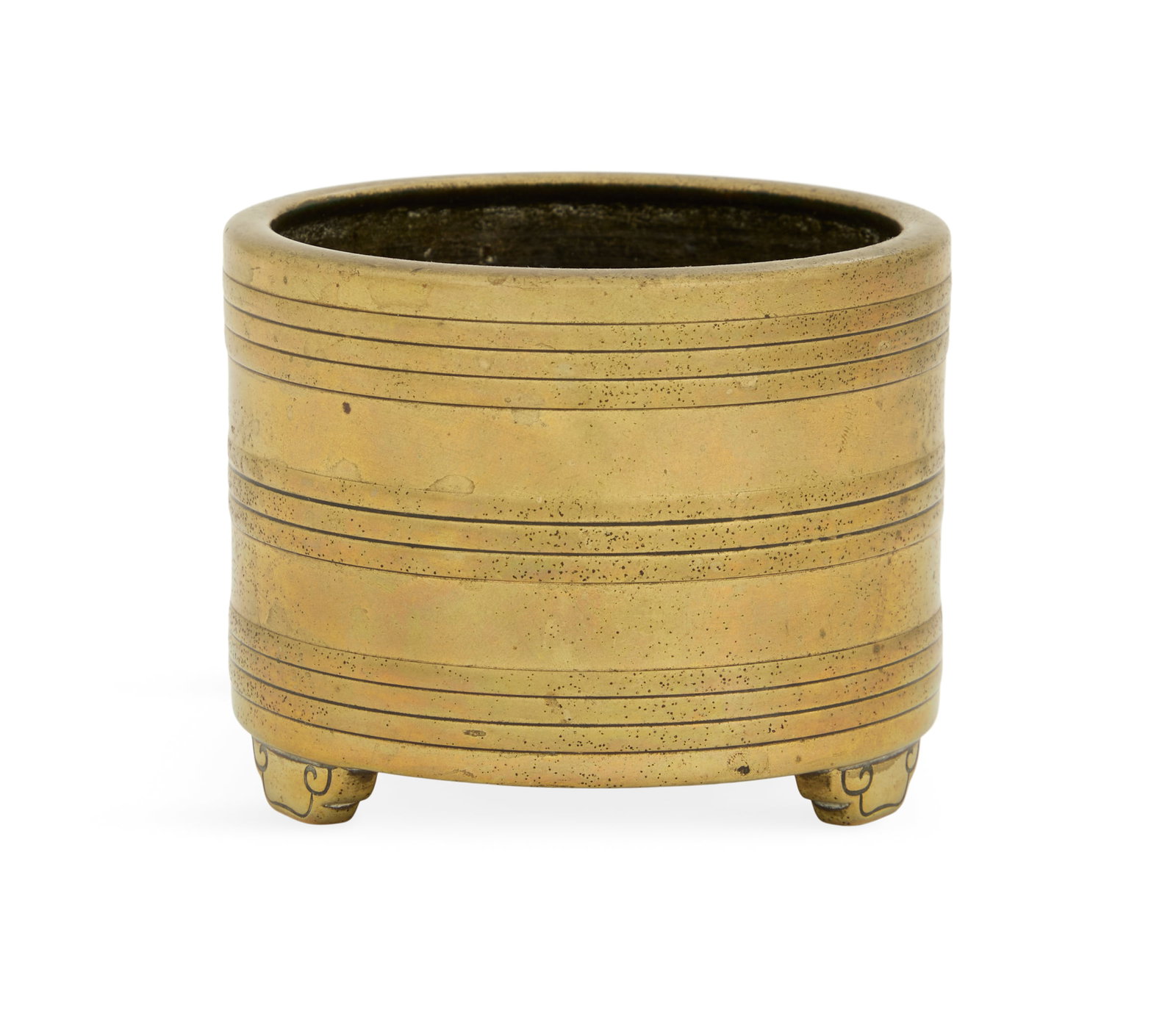 Chinese Bronze Small Tripod Censer: Chinese Bronze Small Tripod Censer 19th century, with horizontal turned ribbing, raised on three feet, with a character mark on the bottom. h. 3", dia. 4-1/4" Provenance: The collection of Clarence
