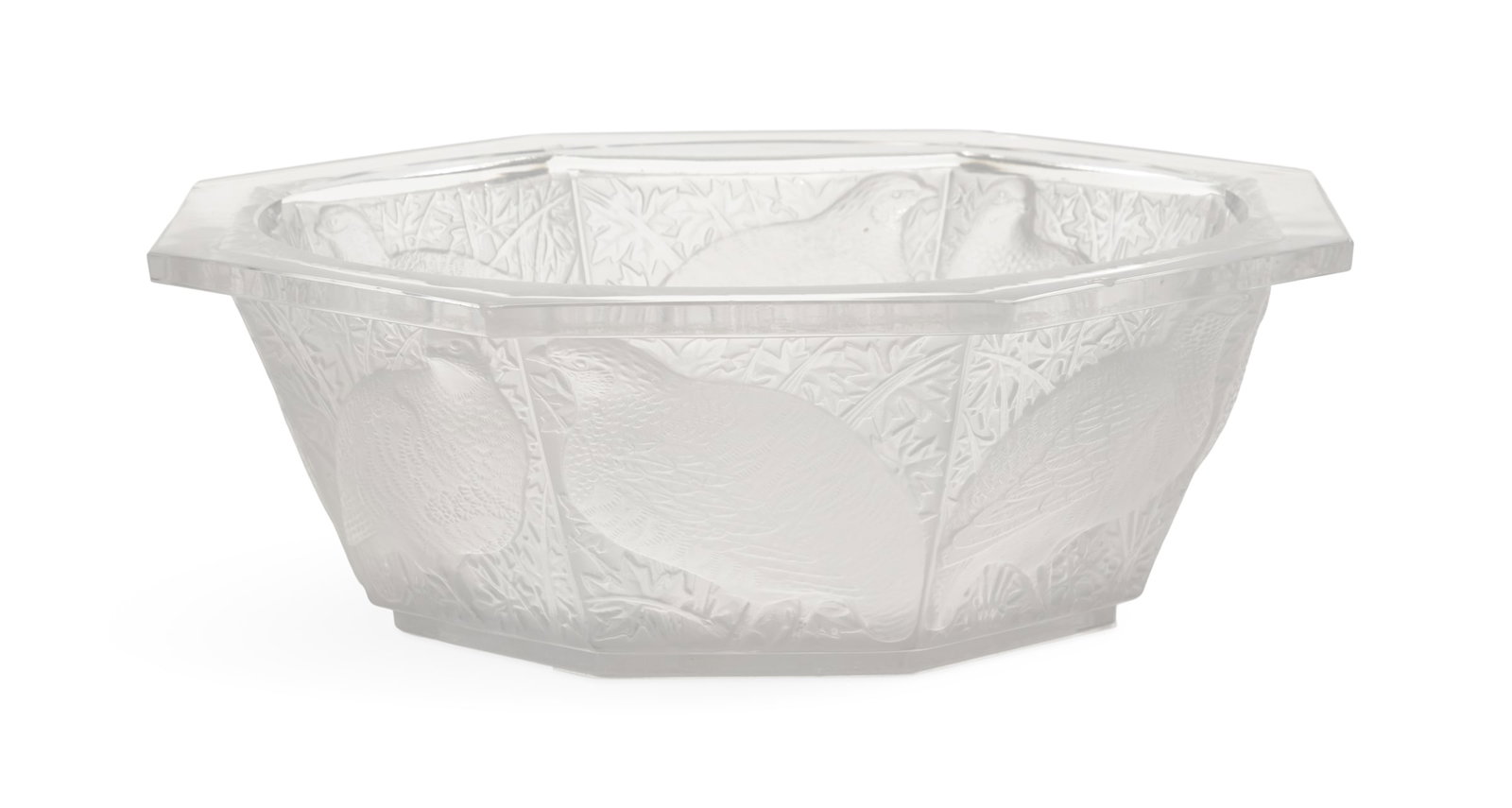 Lalique "Caille" Molded Crystal Bowl: Lalique "Caille" Molded Crystal Bowl 20th century, the hexagonal bowl molded with panels of frosted quail, with an engraved script "Lalique France" mark on the bottom. h. 4", dia. 11-3/4" Provenance: 