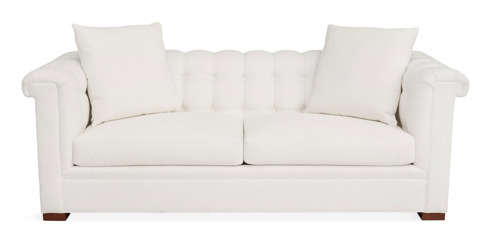 Contemporary Chesterfield-Style Sofa: Contemporary Chesterfield-Style Sofa the sofa with two pillows, all covered in a course woven eggshell fabric, labeled "Handmade by Hickory Chair Furniture Co.". h. 31", w. 88", d. 40"