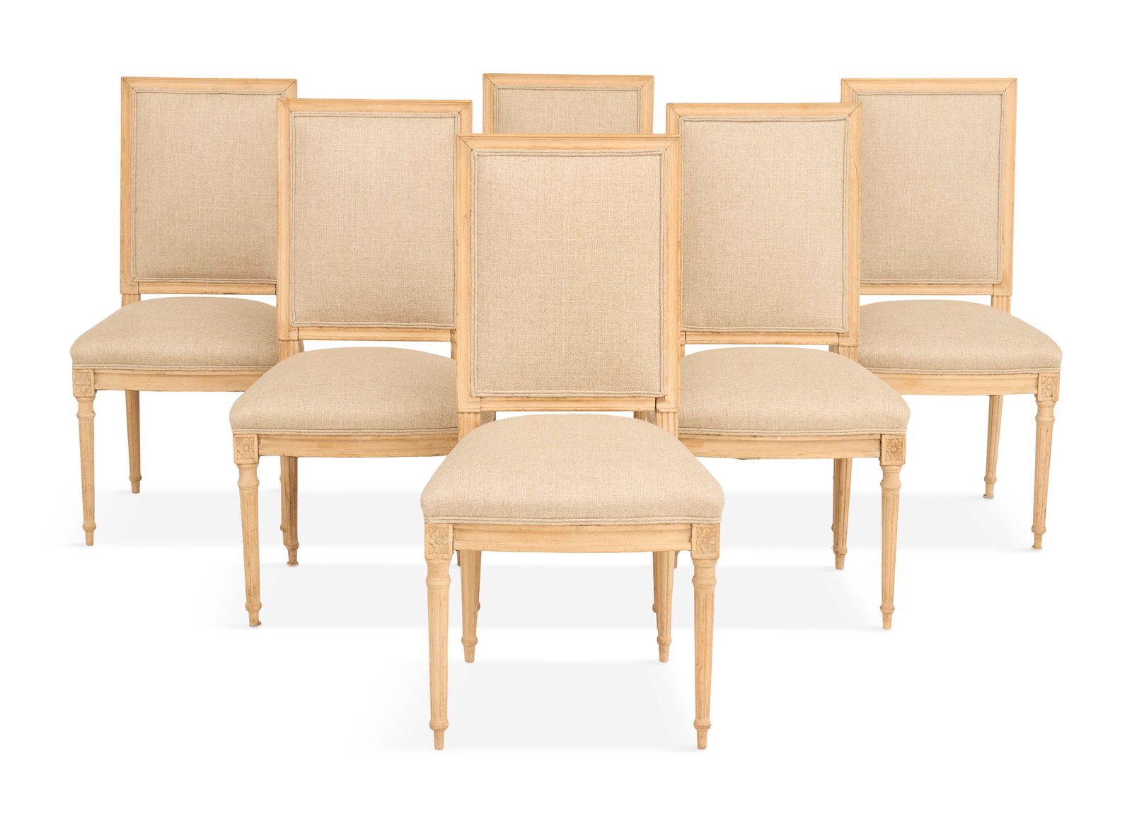 Six Louis XVI-Style Beechwood Side Chairs: Suite of Six Louis XVI-Style Beechwood Side Chairs in the manner of Maison Jansen, each with a molded frame and padded back and seat, raised on turned and fluted legs. h. 38", seat h. 19", w. 19", d. 