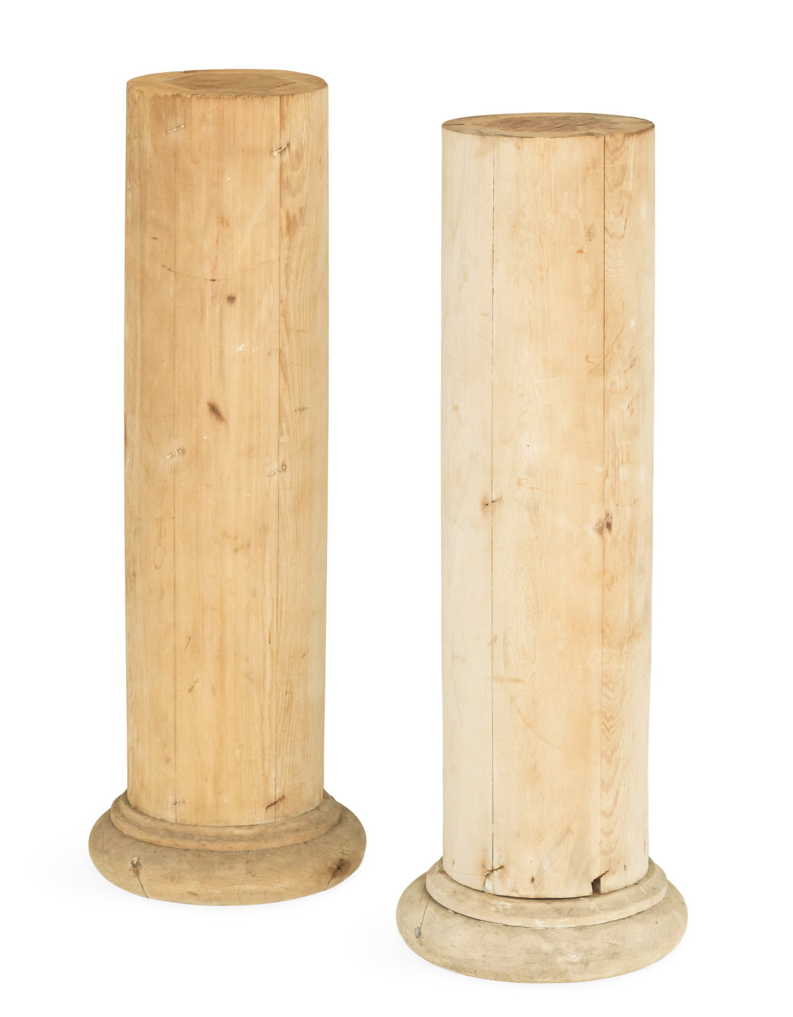 Pair of Cypress Pedestals: Pair of Cypress Pedestals 20th century, the architectural fragments on turned bases. h. 36", dia. 14-1/4"