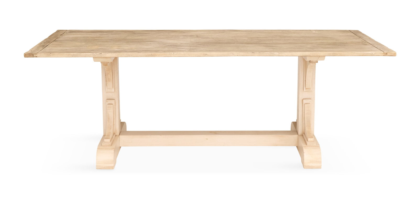 Pickled Oak Trestle-Form Farm Table: Pickled Oak Trestle-Form Farm Table 20th century, the plank top with breadboard ends, mounted to a base with a pair of trestle-form ends joined by a stretcher. h. 29", w. 42", l. 84"