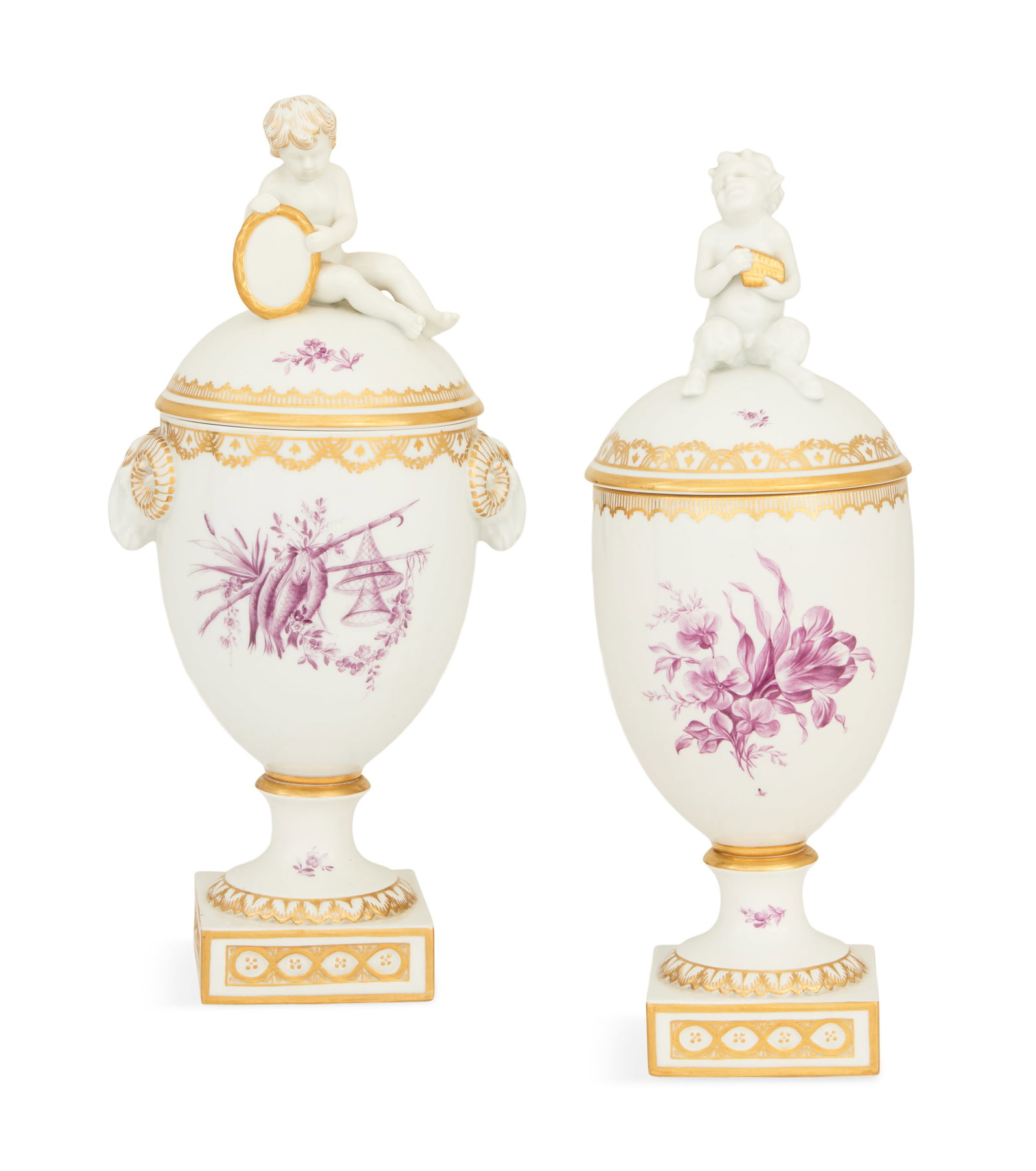 Pair of Royal Copenhagen Porcelain Covered Urns: Pair of Royal Copenhagen Porcelain Covered Urns ca. 1905-1923, one decorated with a narcissus-form knop and the other with a Bacchanalian satyr knop, the oeuf-form bodies decorated with mauve spriggin