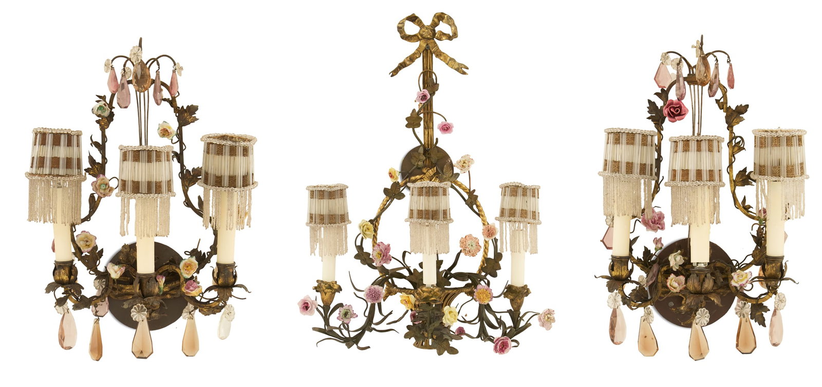 Assembled Bronze and Porcelain Sconce Set: Assembled Three-Piece Bronze and Porcelain Sconce Set first half 20th century, including a single three-light sconce in the form of a basket with a bowknot backplate decorated with porcelain flowers o