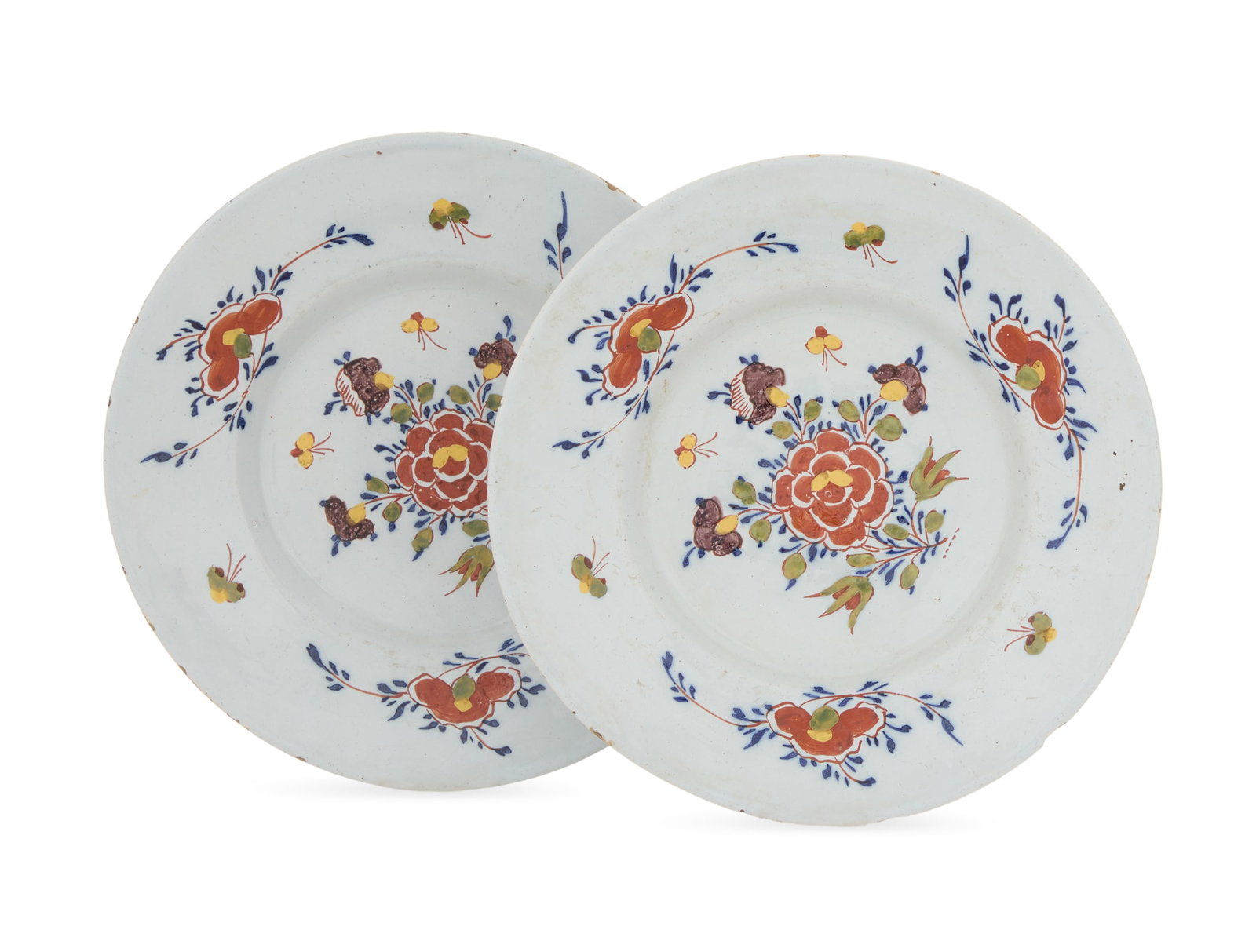 Pair of English Delft Pottery Plates: Pair of English Delft Pottery Plates 18th century, decorated with flowers and scattered butterflies. dia. 8-3/4"