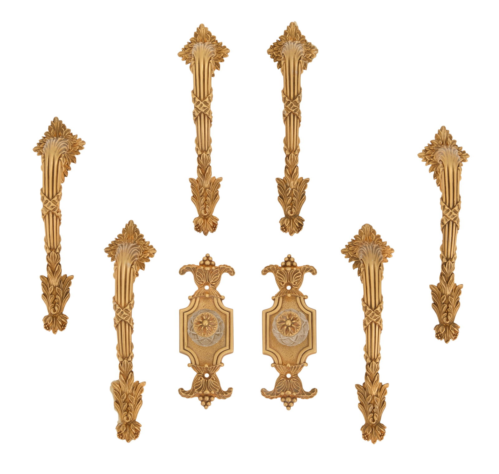 Eight Pieces of Sherle Wagner Hardware: Collection of Eight Pieces of Sherle Wagner Hardware 20th century, the collection including six reeded leaf-trimmed bronze handles, l. 7-1/4", and a pair of cut-glass knobs on bronze backplates, l. 5"